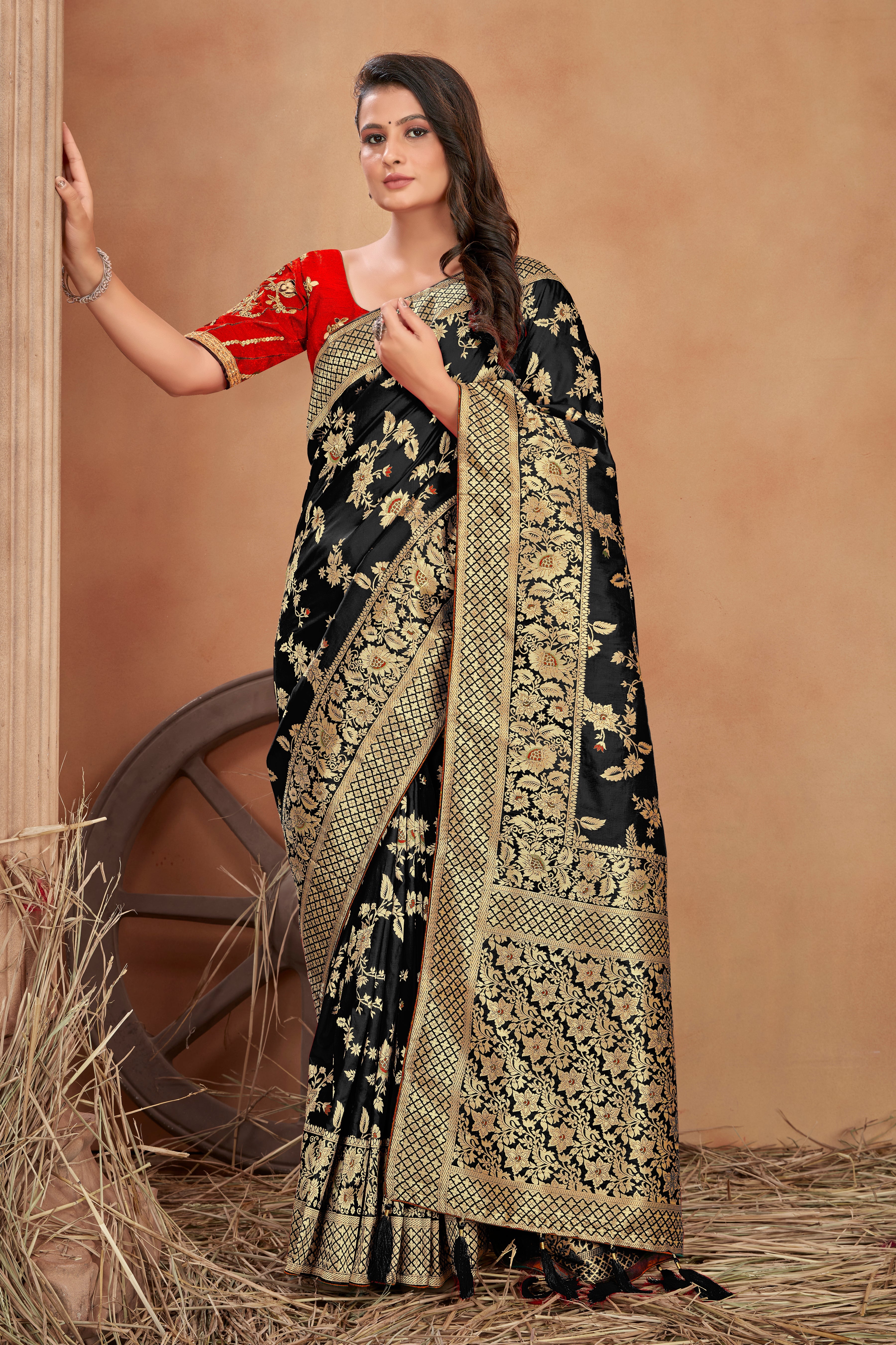Black Banarasi Silk Blend Zari Woven Tussles Saree