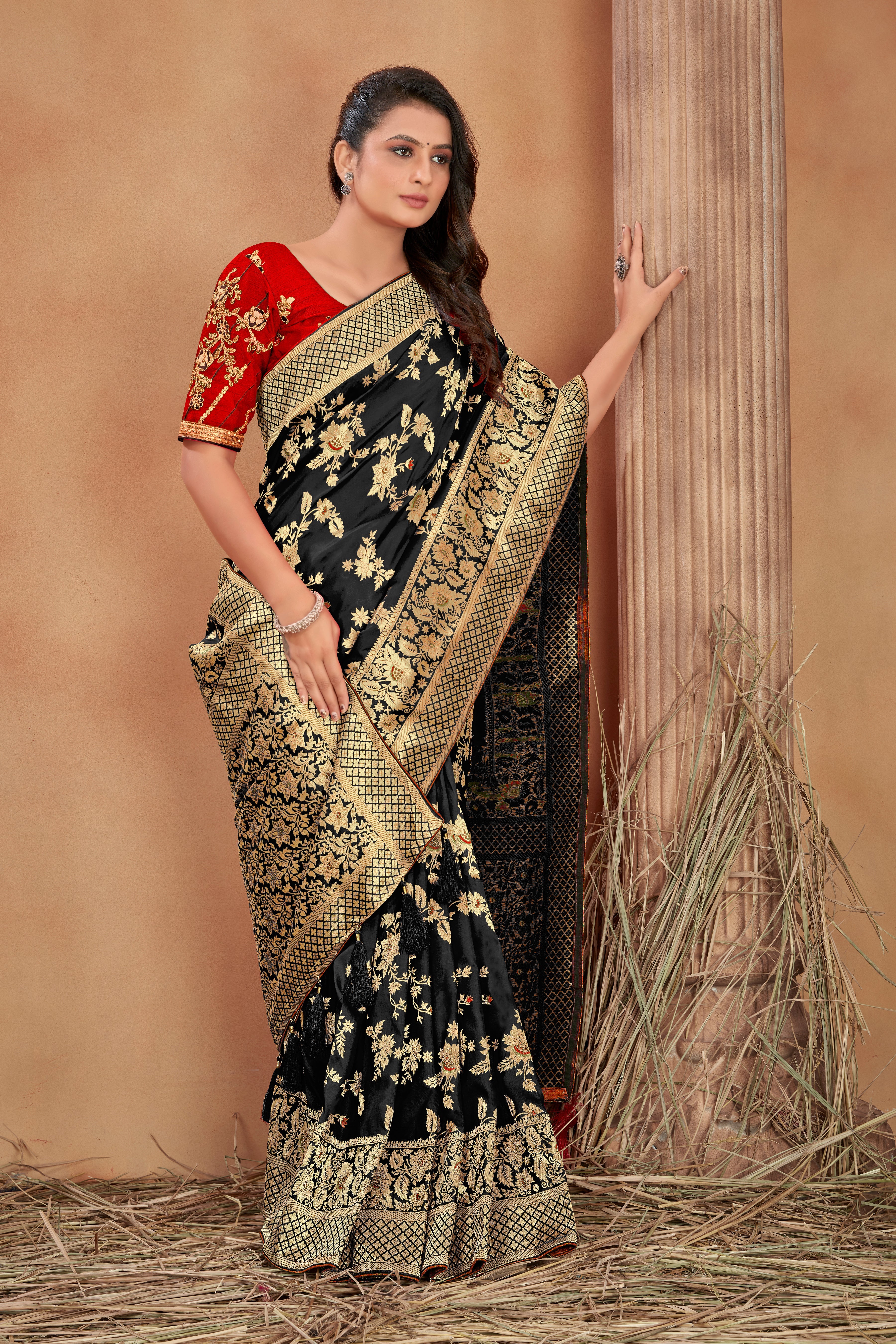Black Banarasi Silk Blend Zari Woven Tussles Saree