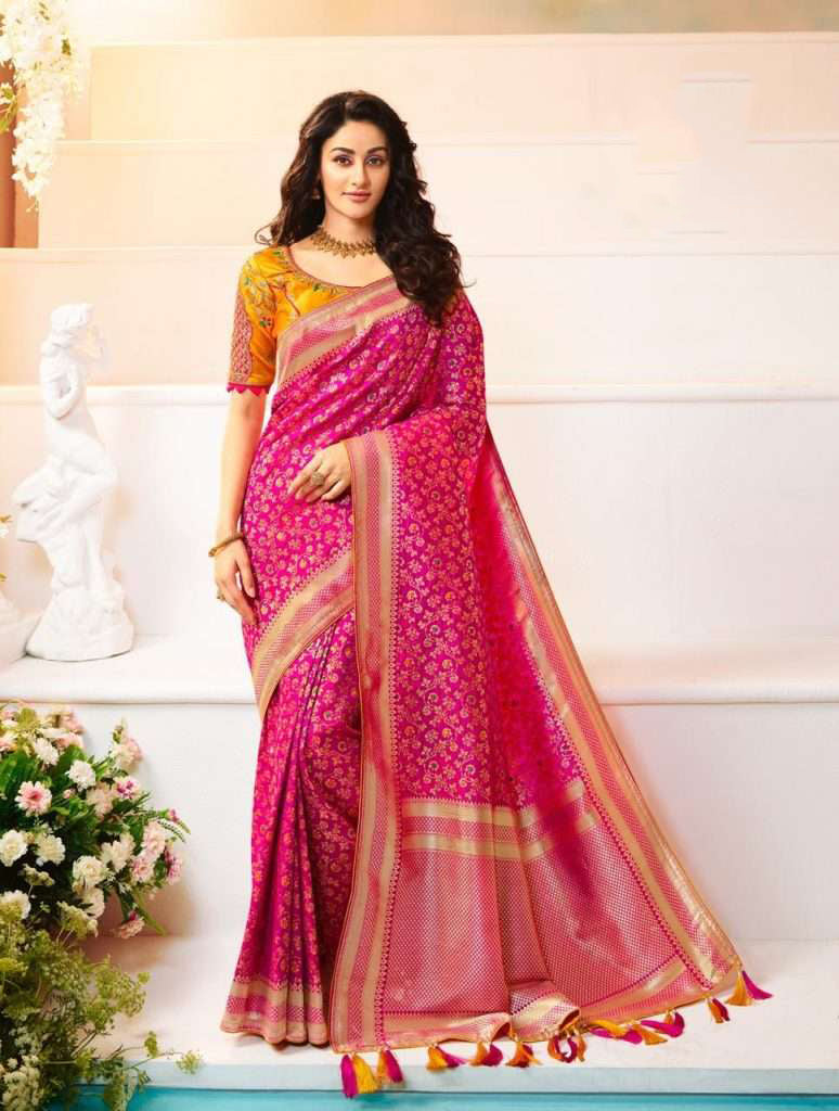 Rani Pink Banarasi Silk Blend Woven Tussle Traditional Saree