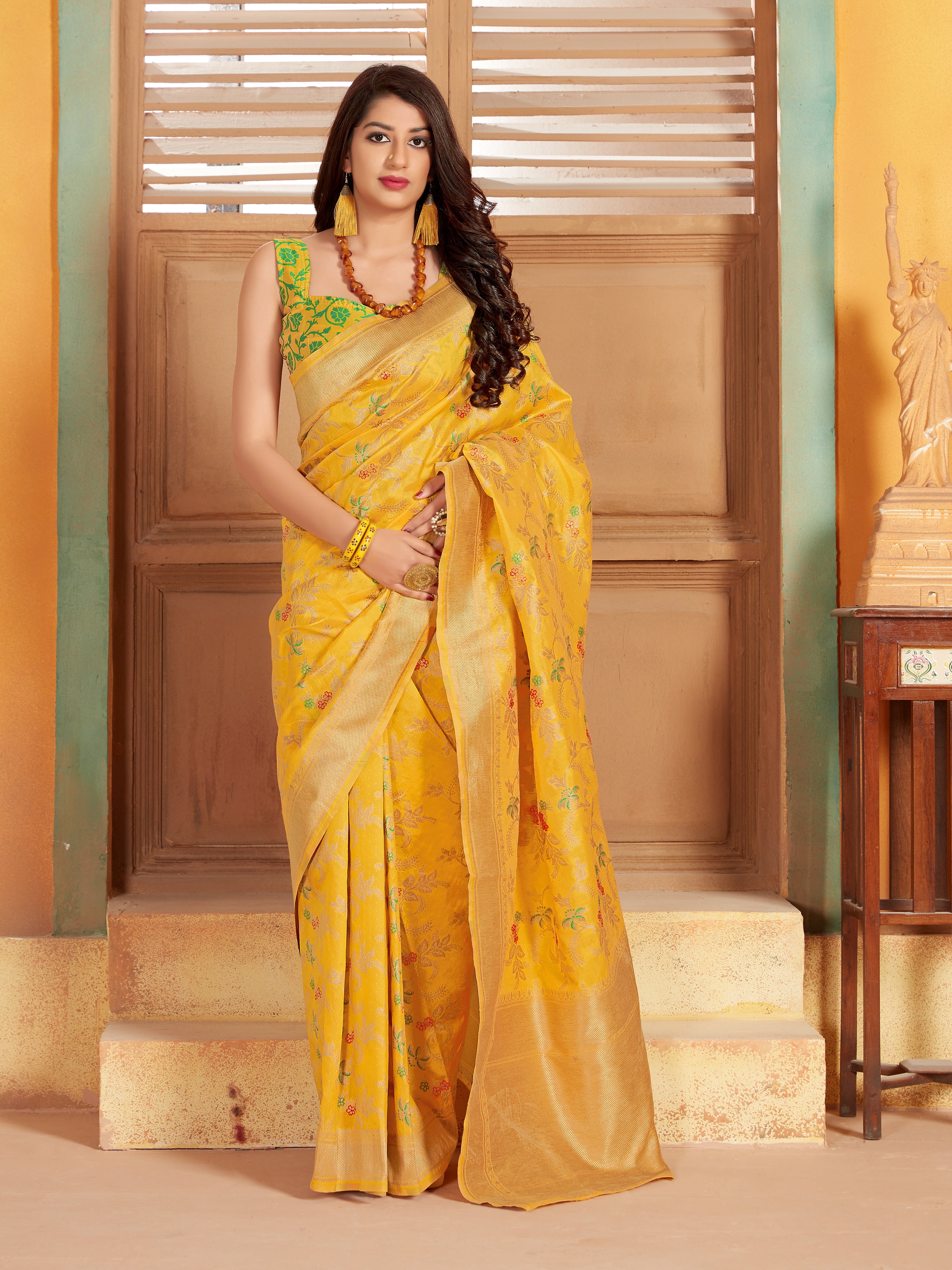 Yellow Banarasi Silk Blend Woven Work Classic Saree