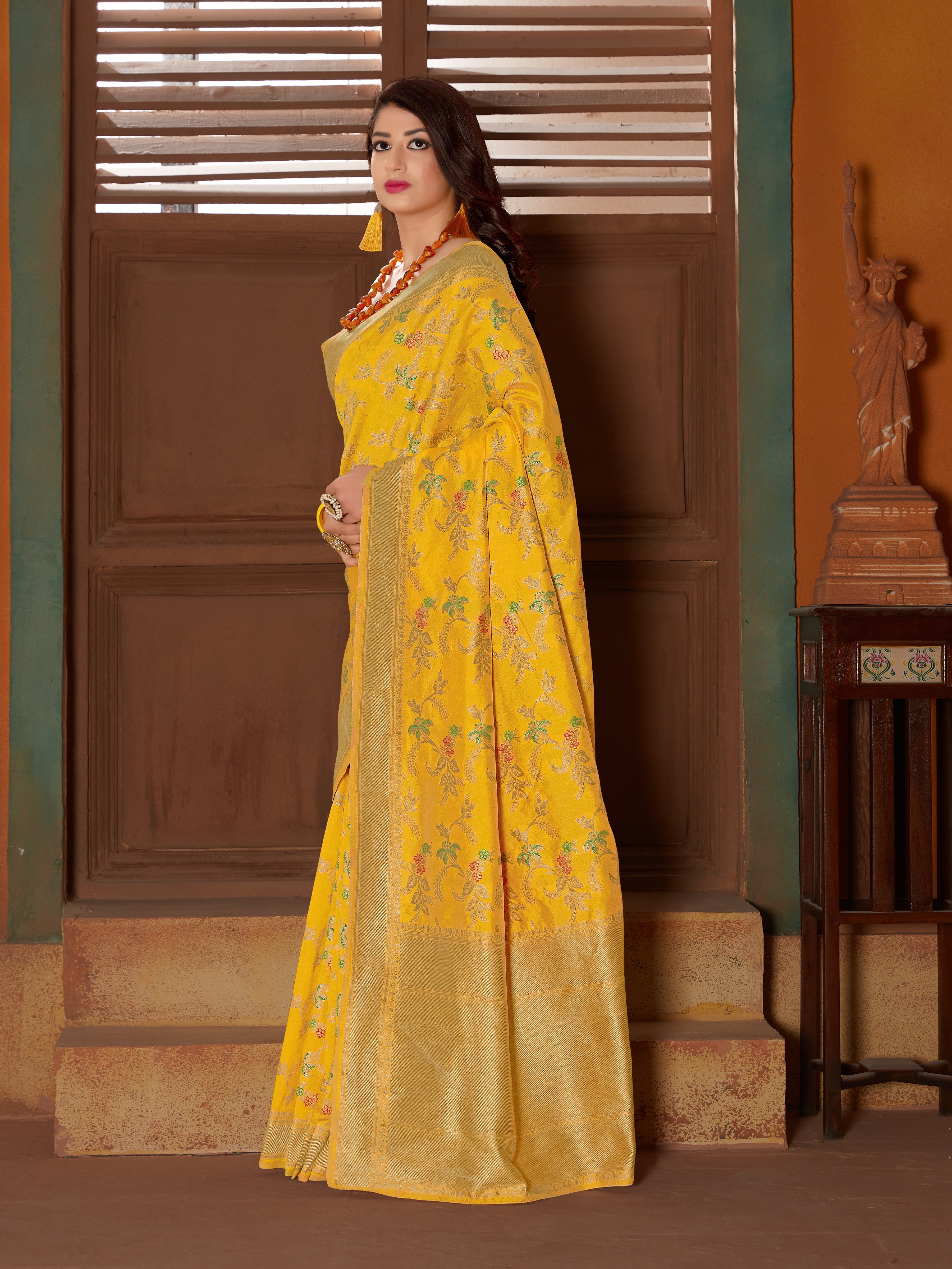 Yellow Banarasi Silk Blend Woven Work Classic Saree