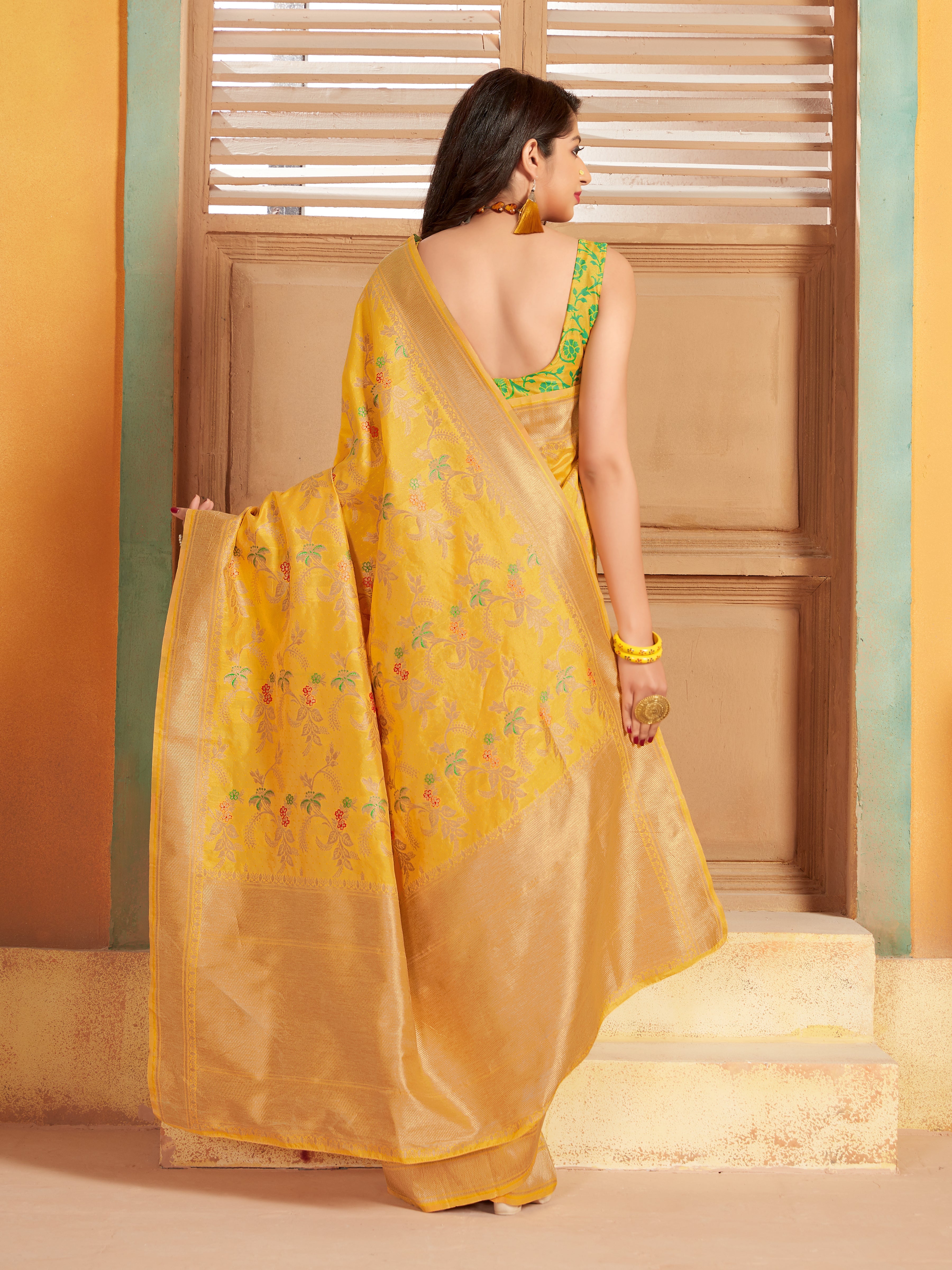 Yellow Banarasi Silk Blend Woven Work Classic Saree
