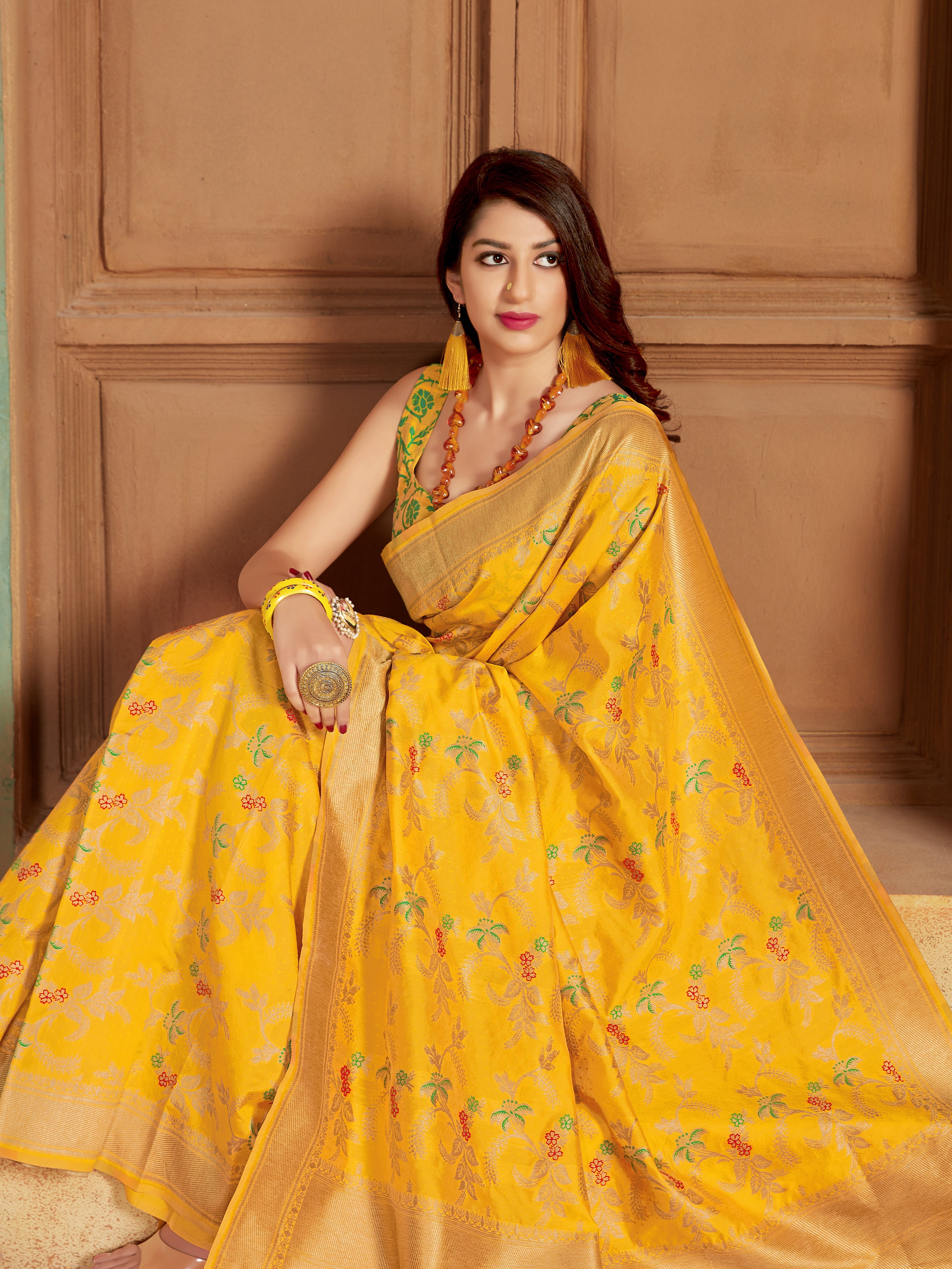 Yellow Banarasi Silk Blend Woven Work Classic Saree