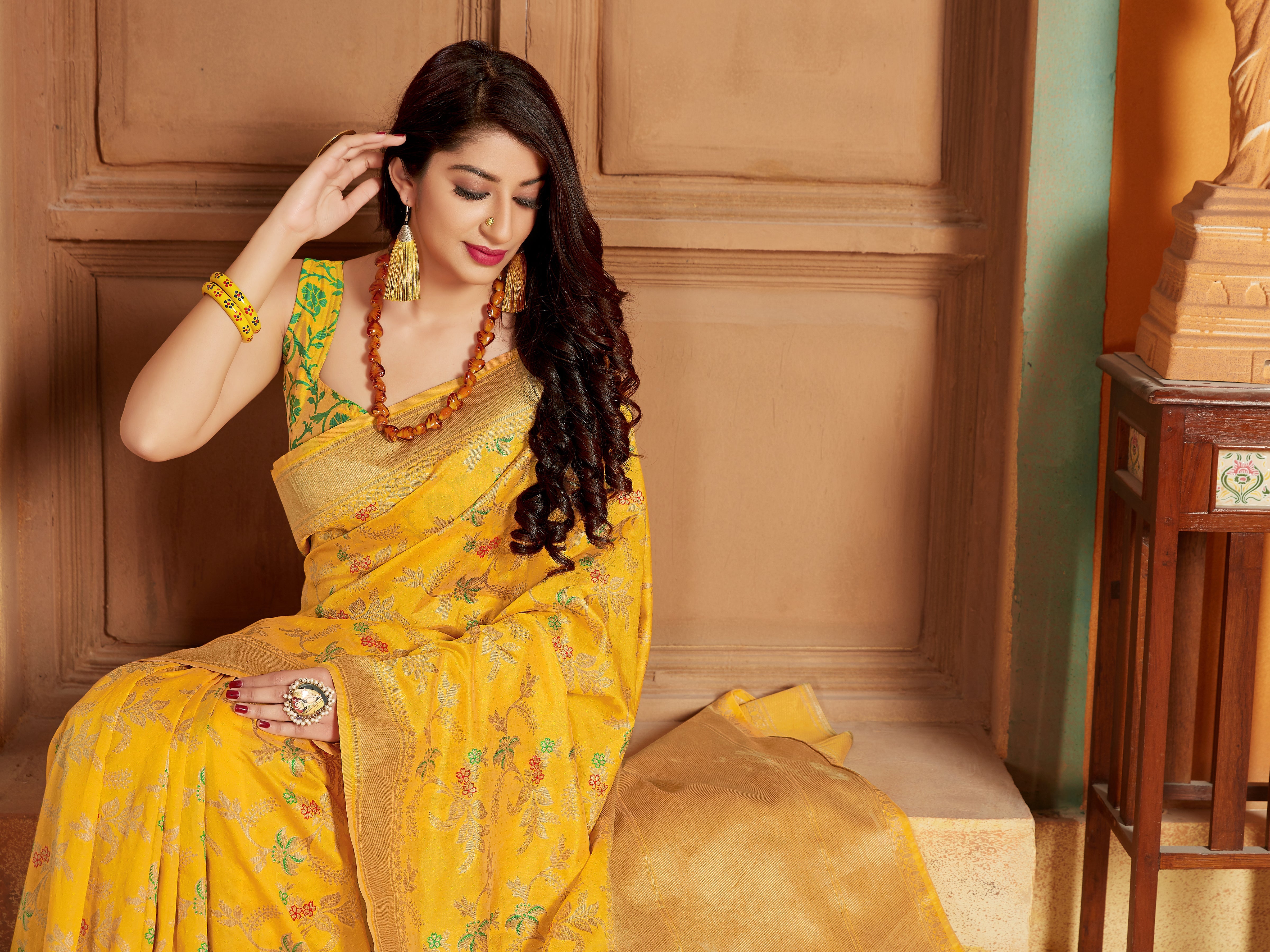 Yellow Banarasi Silk Blend Woven Work Classic Saree