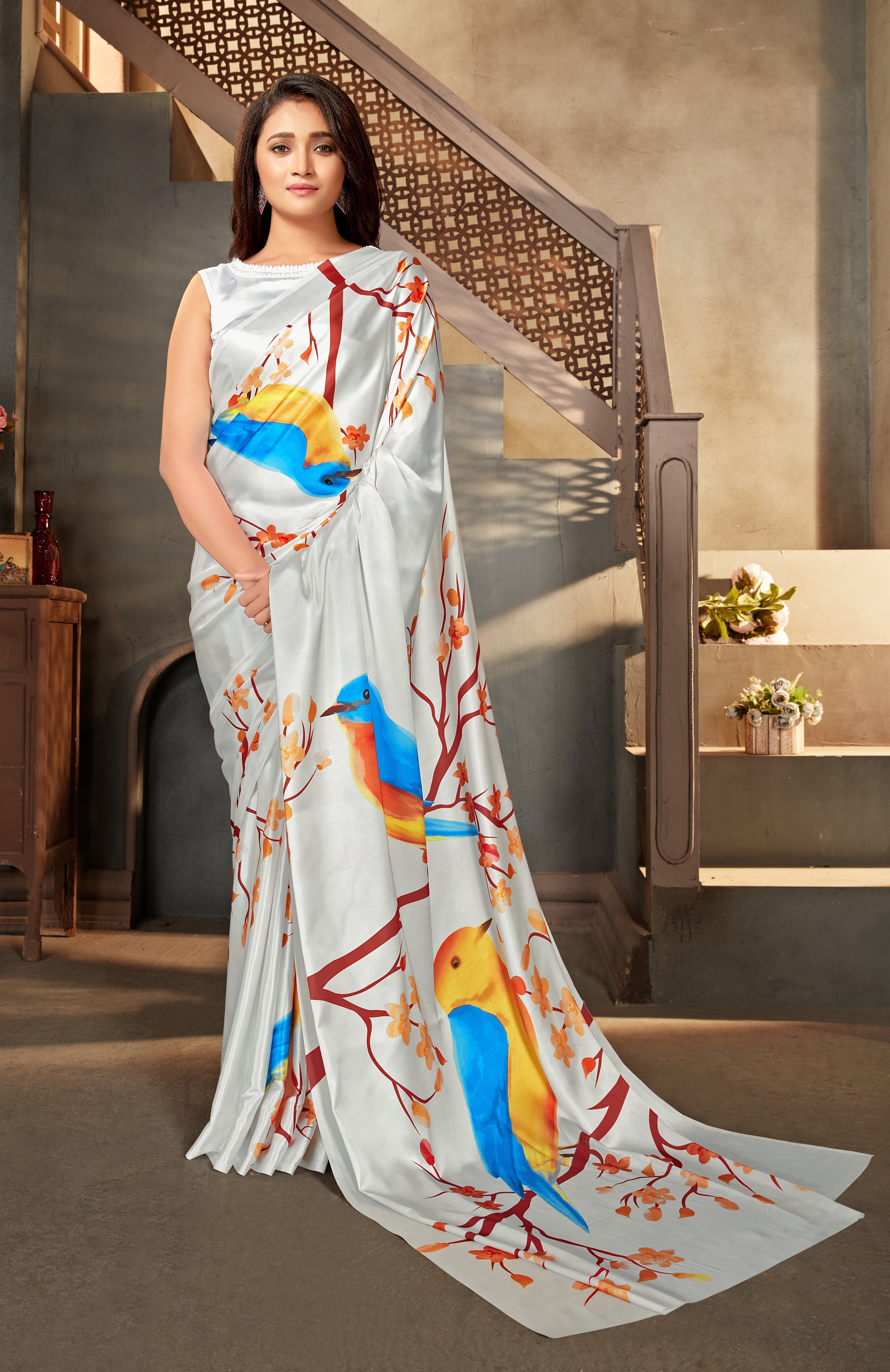 Cream Satin Crepe Printed Outstanding Saree