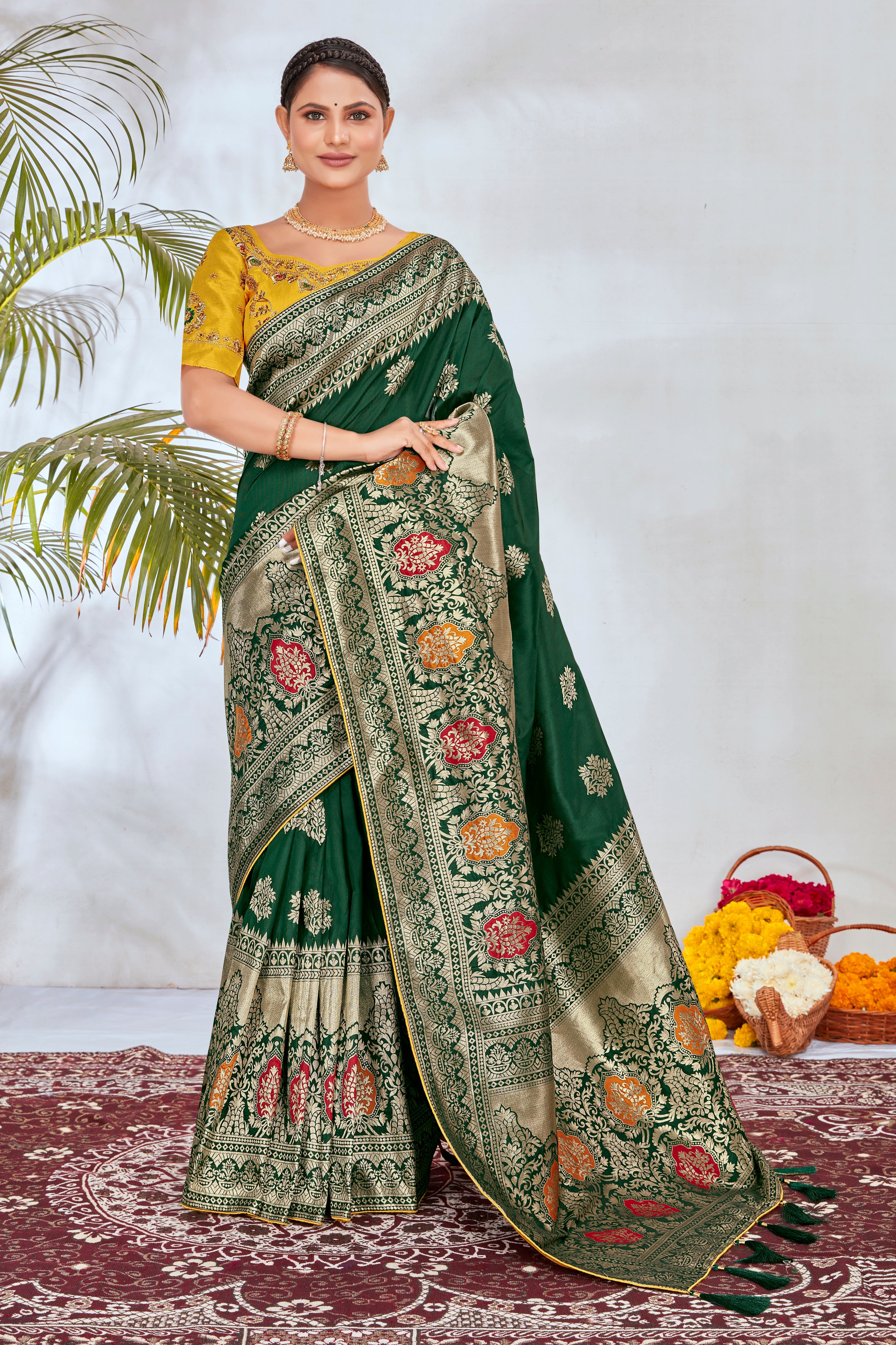 Dark Green Banarasi Silk Blend Woven Classy Saree