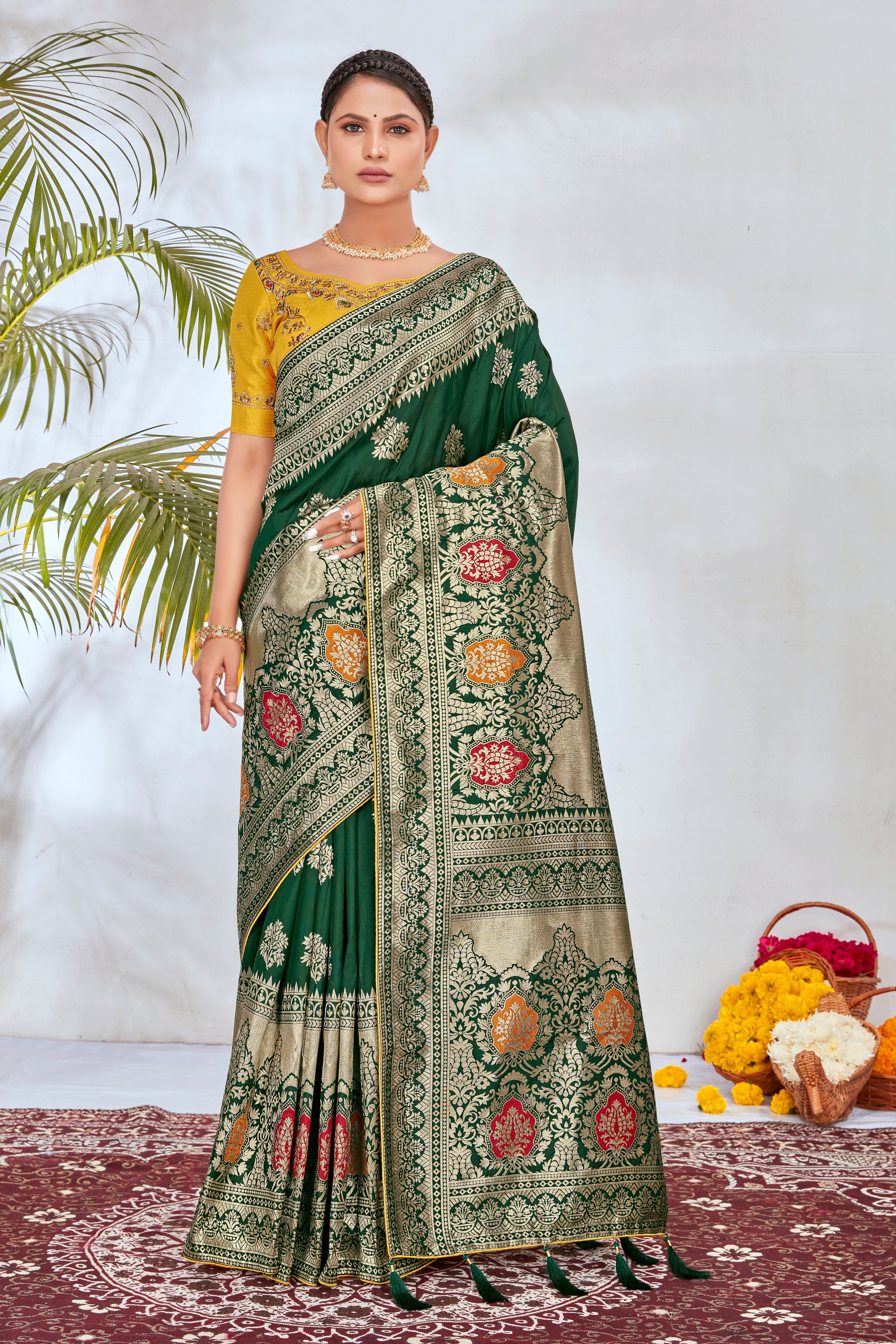 Dark Green Banarasi Silk Blend Woven Classy Saree