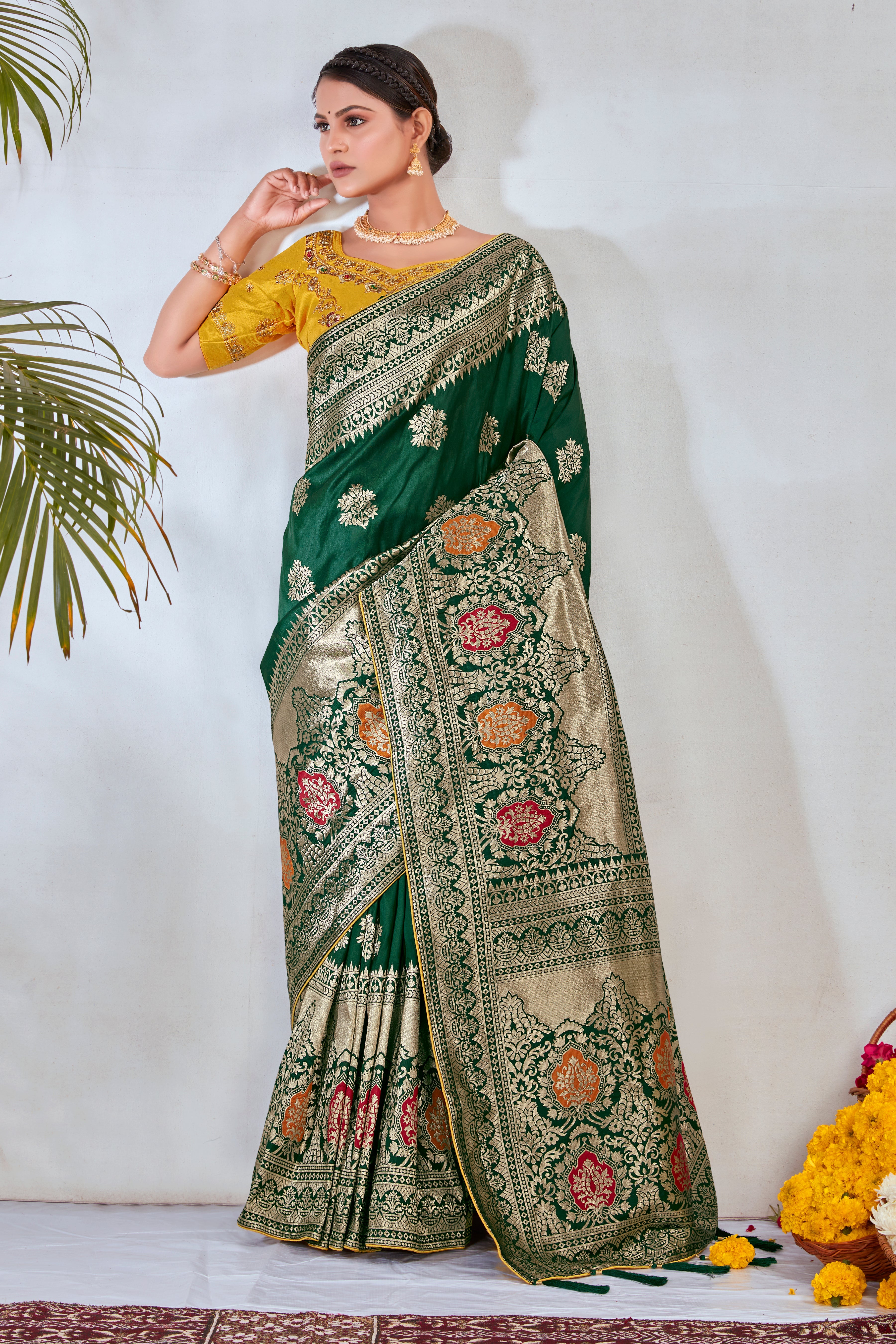 Dark Green Banarasi Silk Blend Woven Classy Saree
