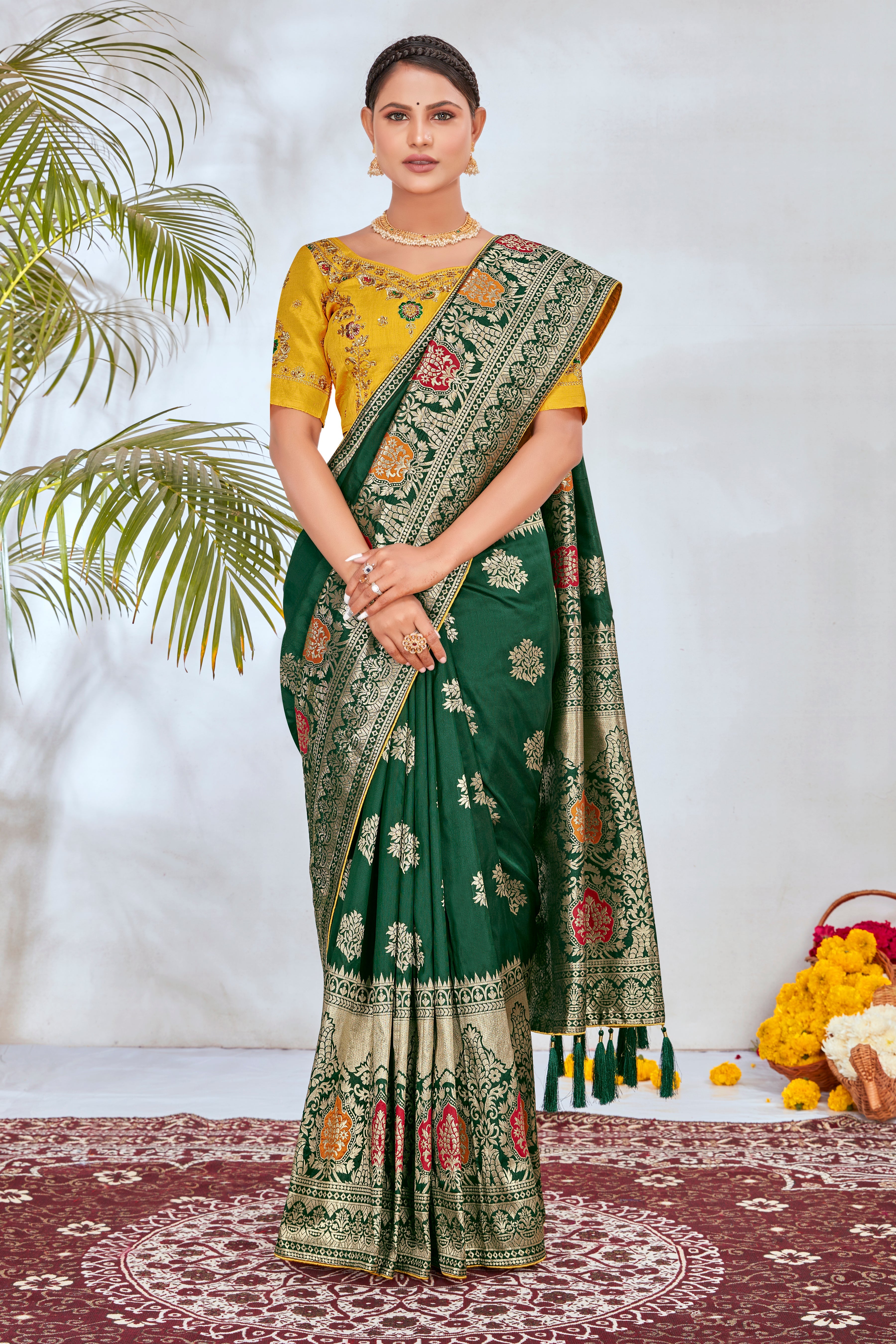 Dark Green Banarasi Silk Blend Woven Classy Saree