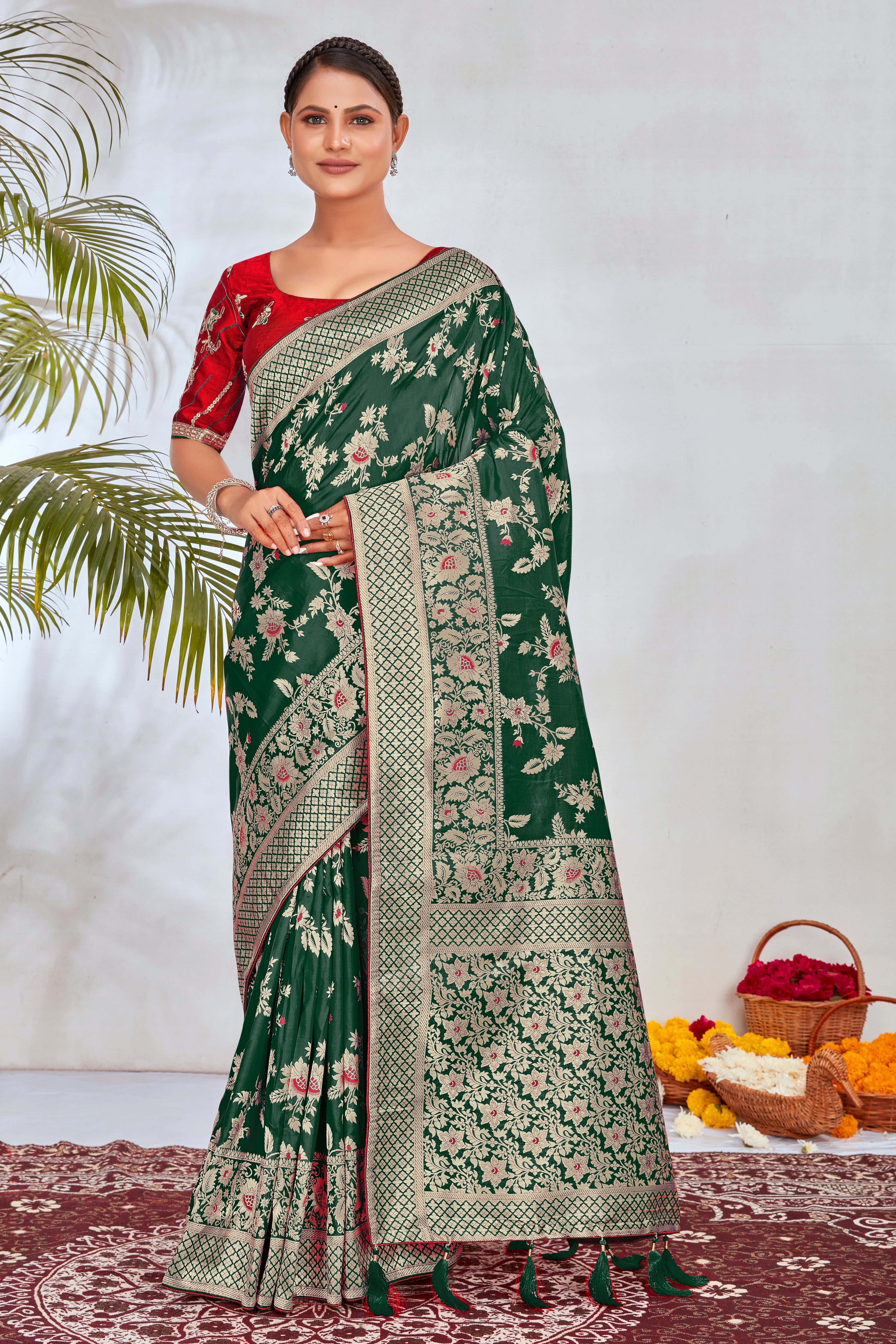 Dark Green Banarasi Silk Woven Ethnic Saree