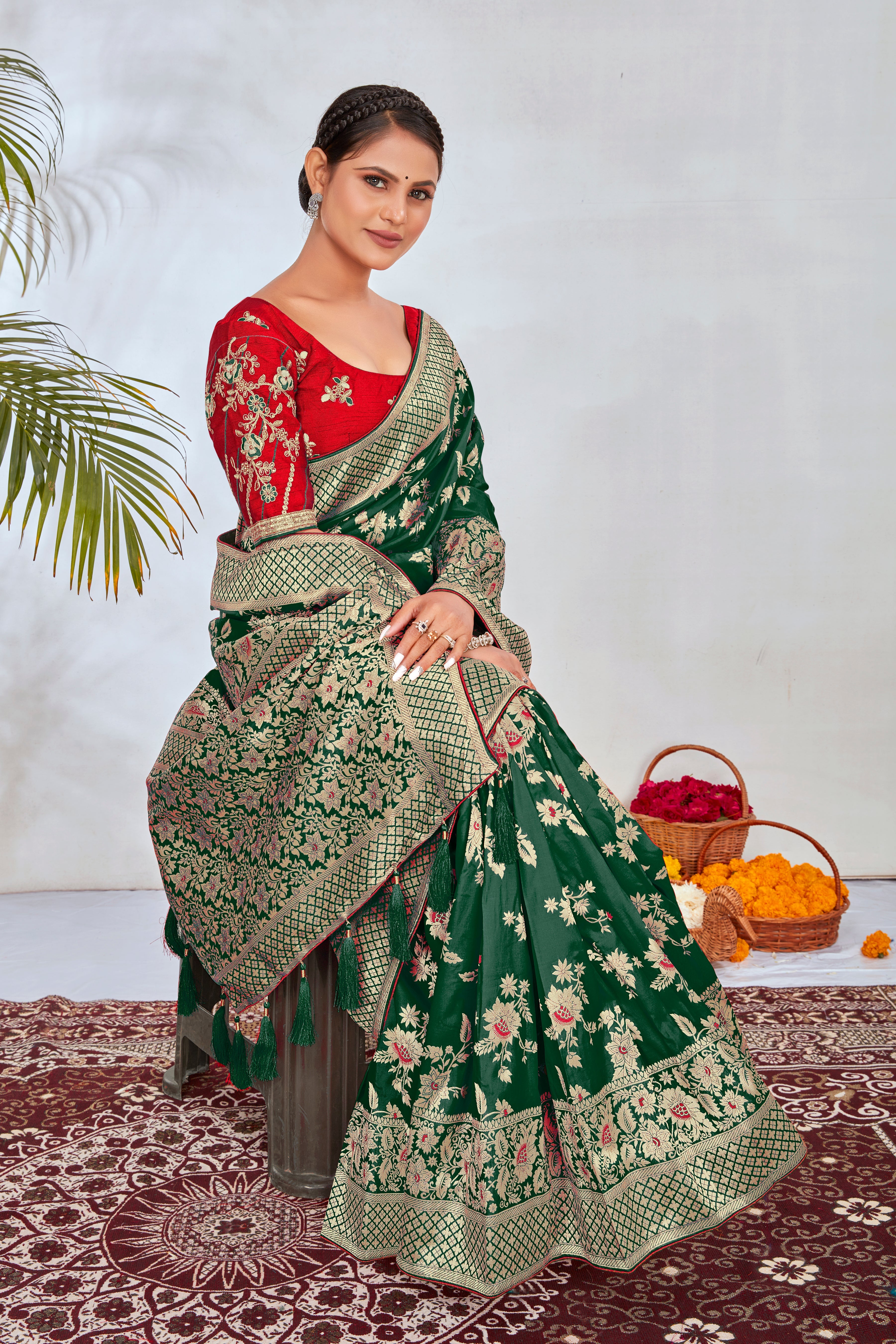 Dark Green Banarasi Silk Woven Ethnic Saree