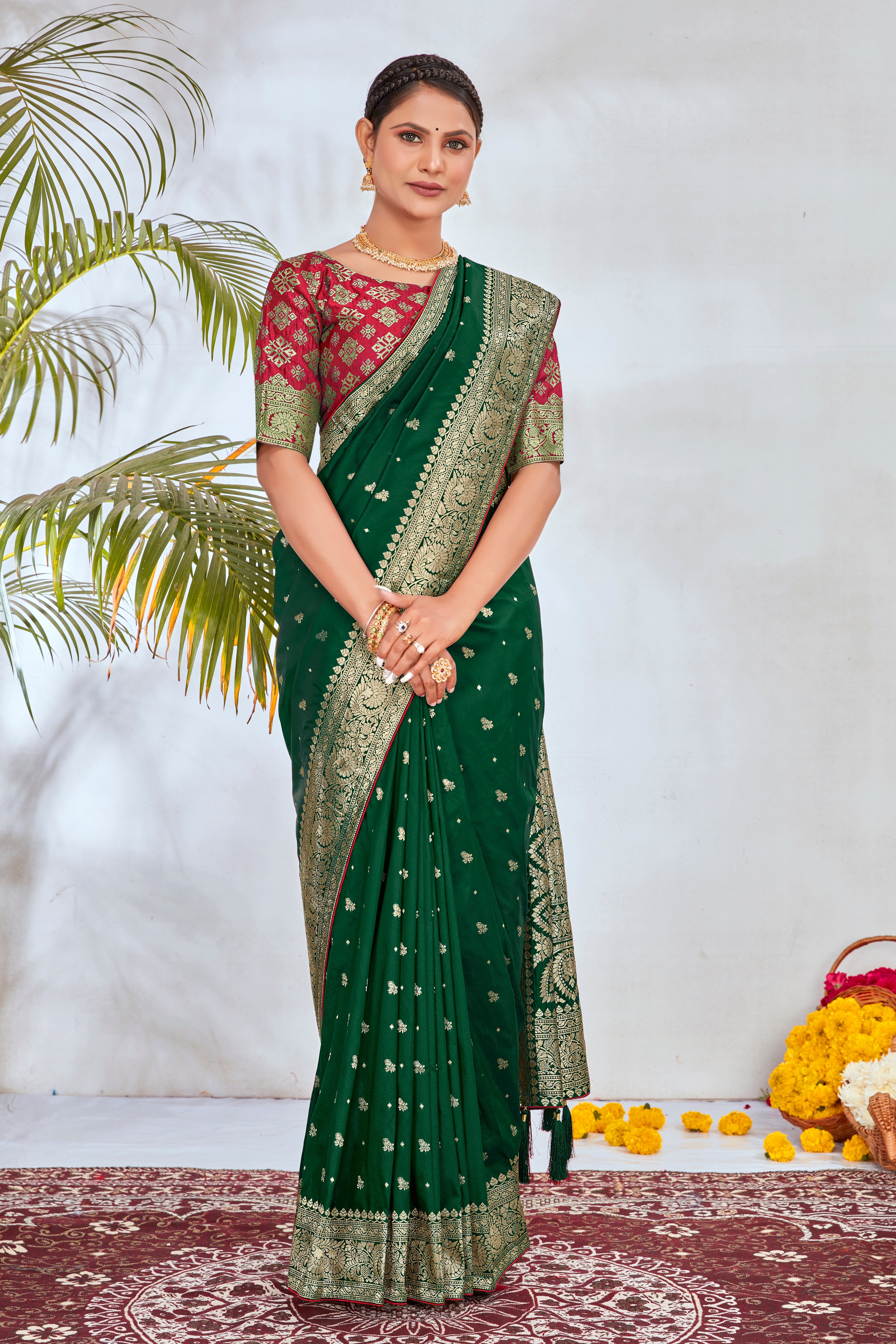 Dark Green Banarasi Silk Zari Weaving Trendy Saree