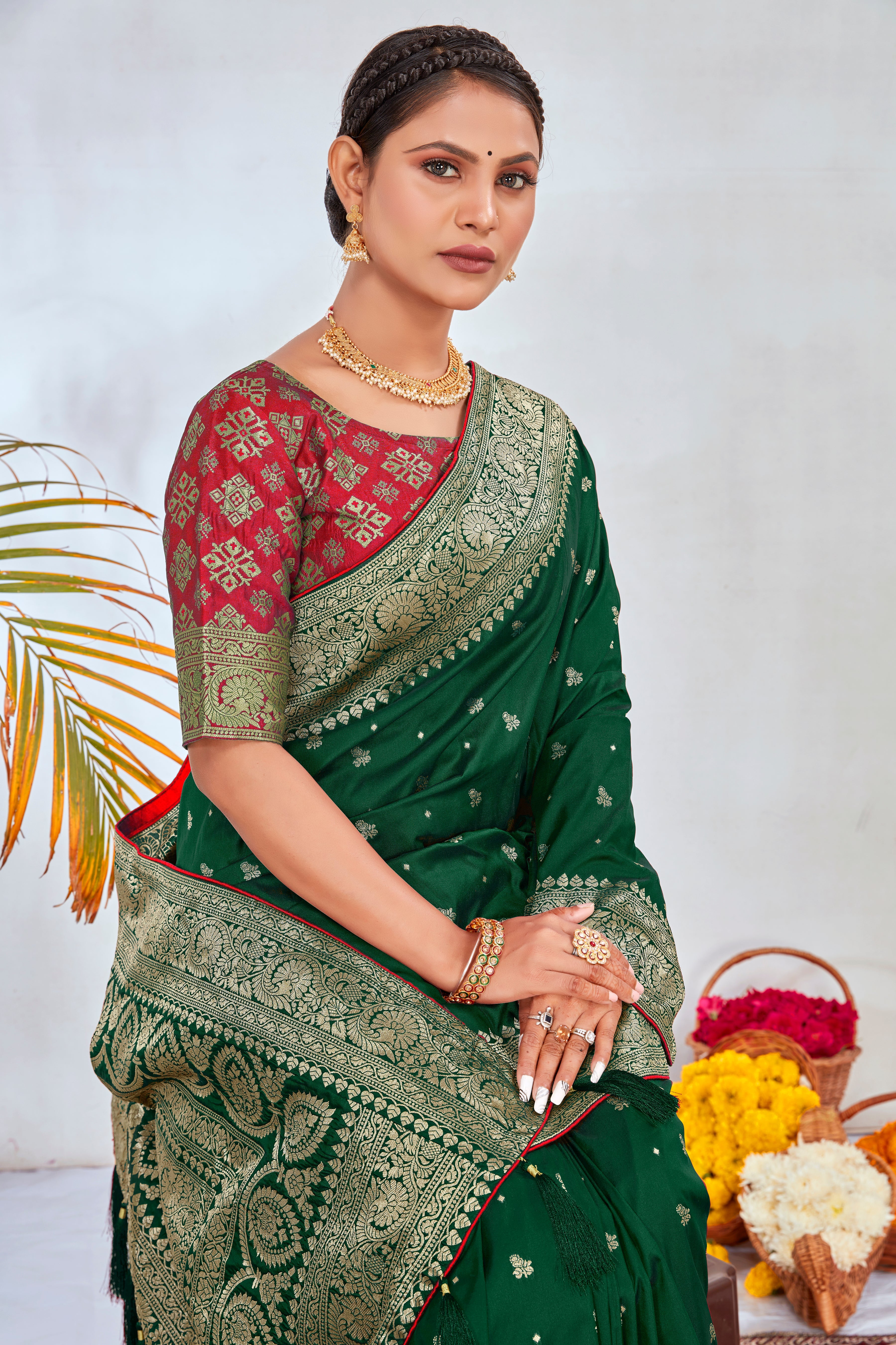 Dark Green Banarasi Silk Zari Weaving Trendy Saree