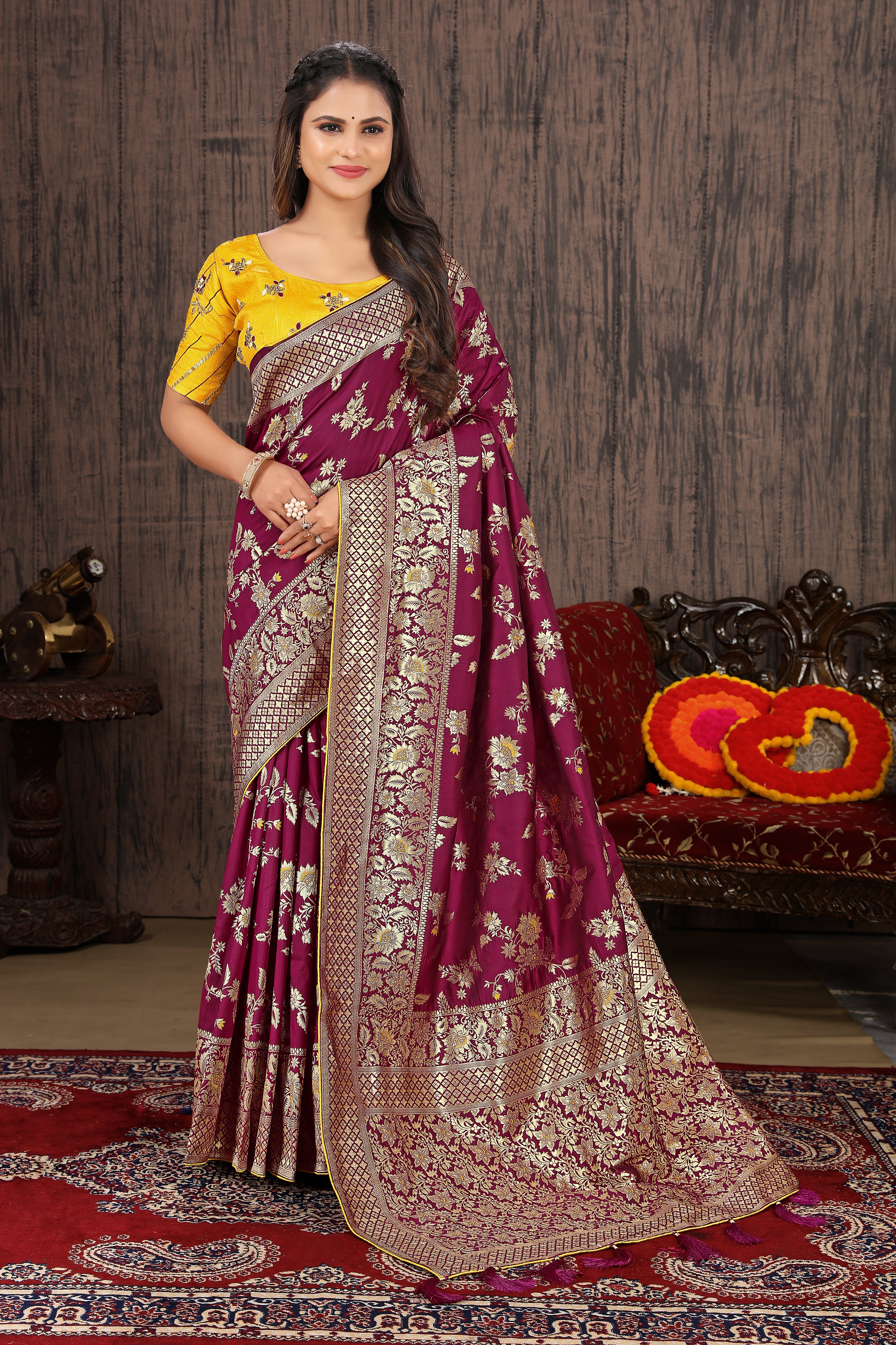 Dark Magenta Banarasi Silk Blend Woven Charming Saree
