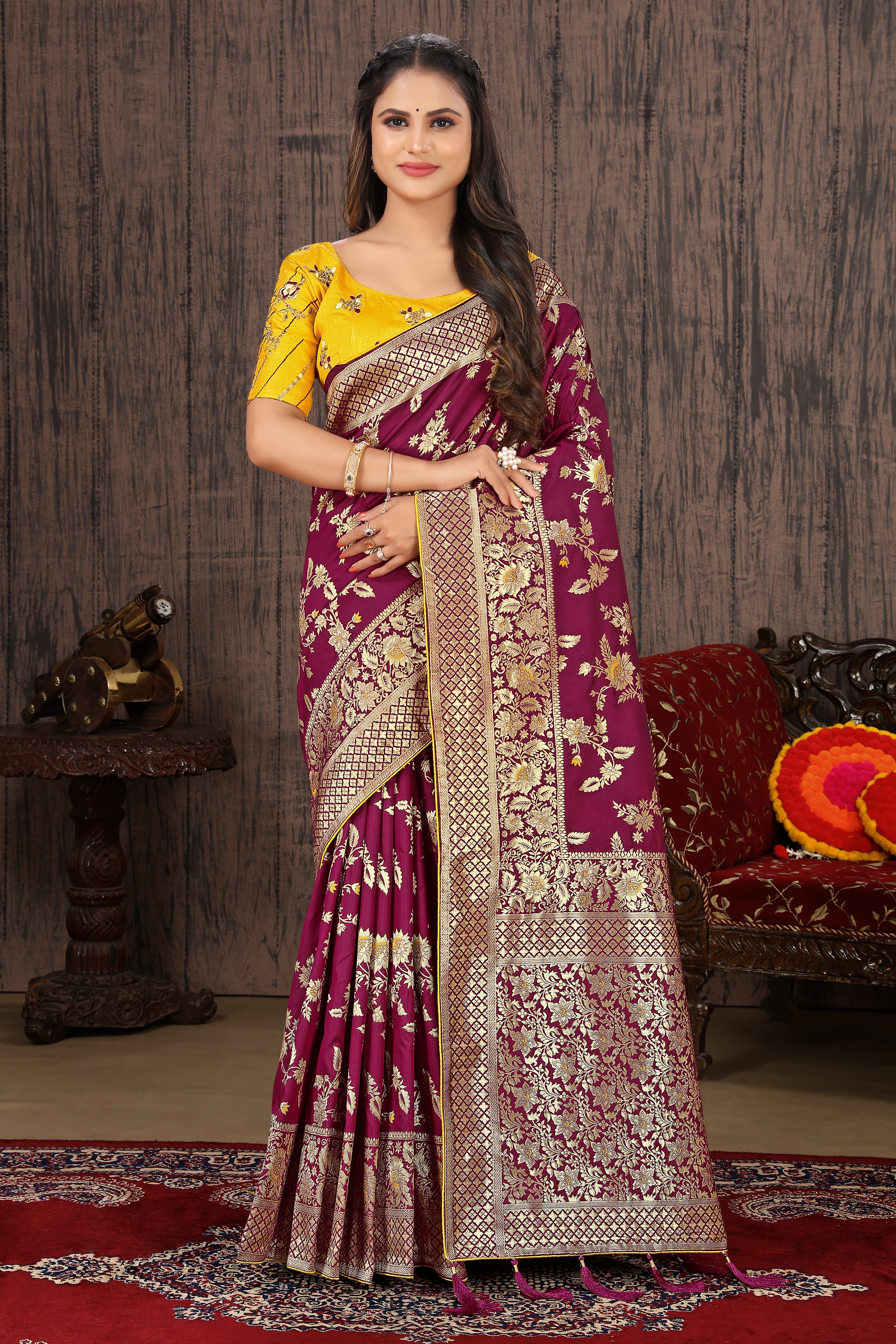 Dark Magenta Banarasi Silk Blend Woven Charming Saree