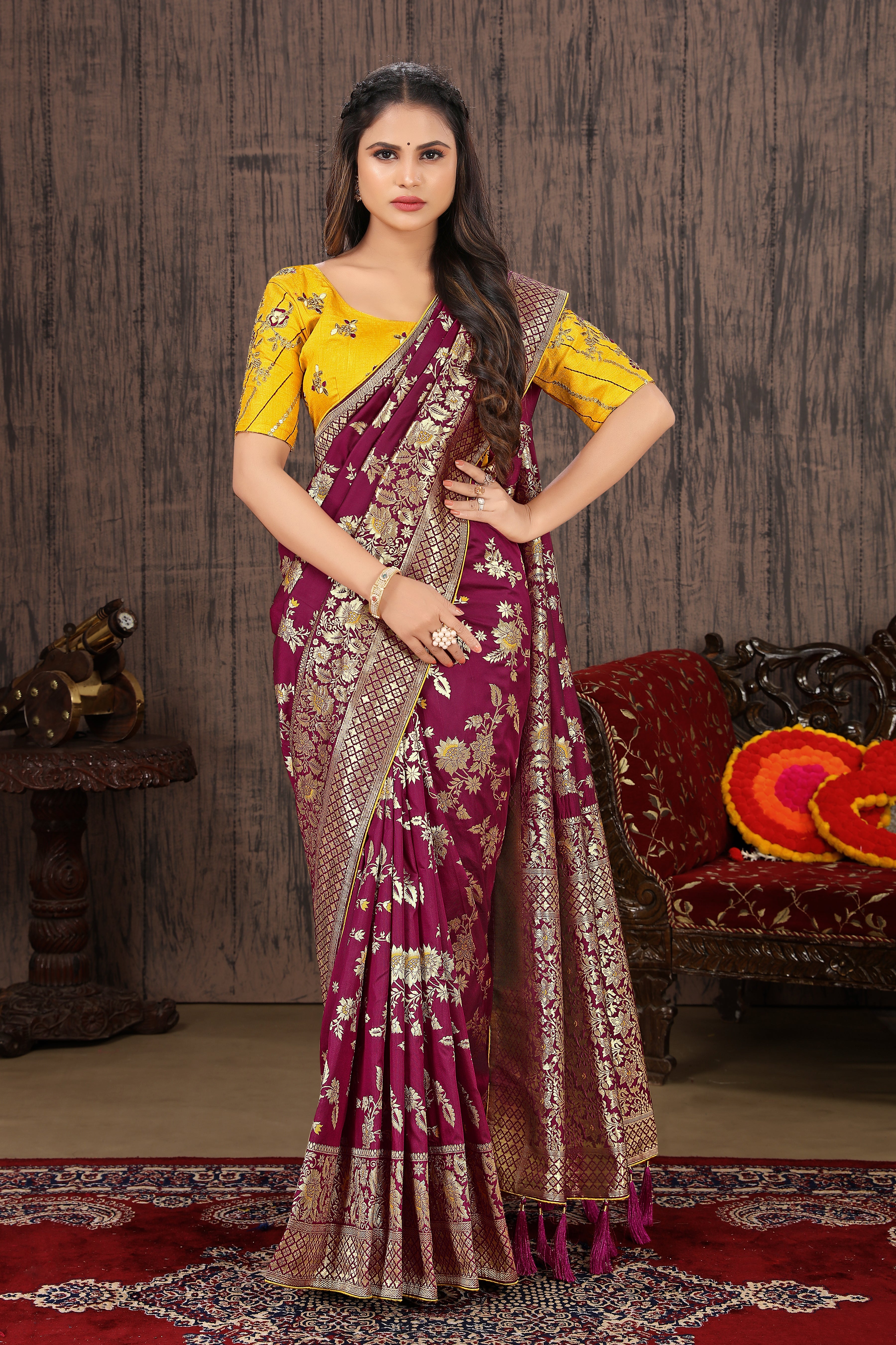 Dark Magenta Banarasi Silk Blend Woven Charming Saree