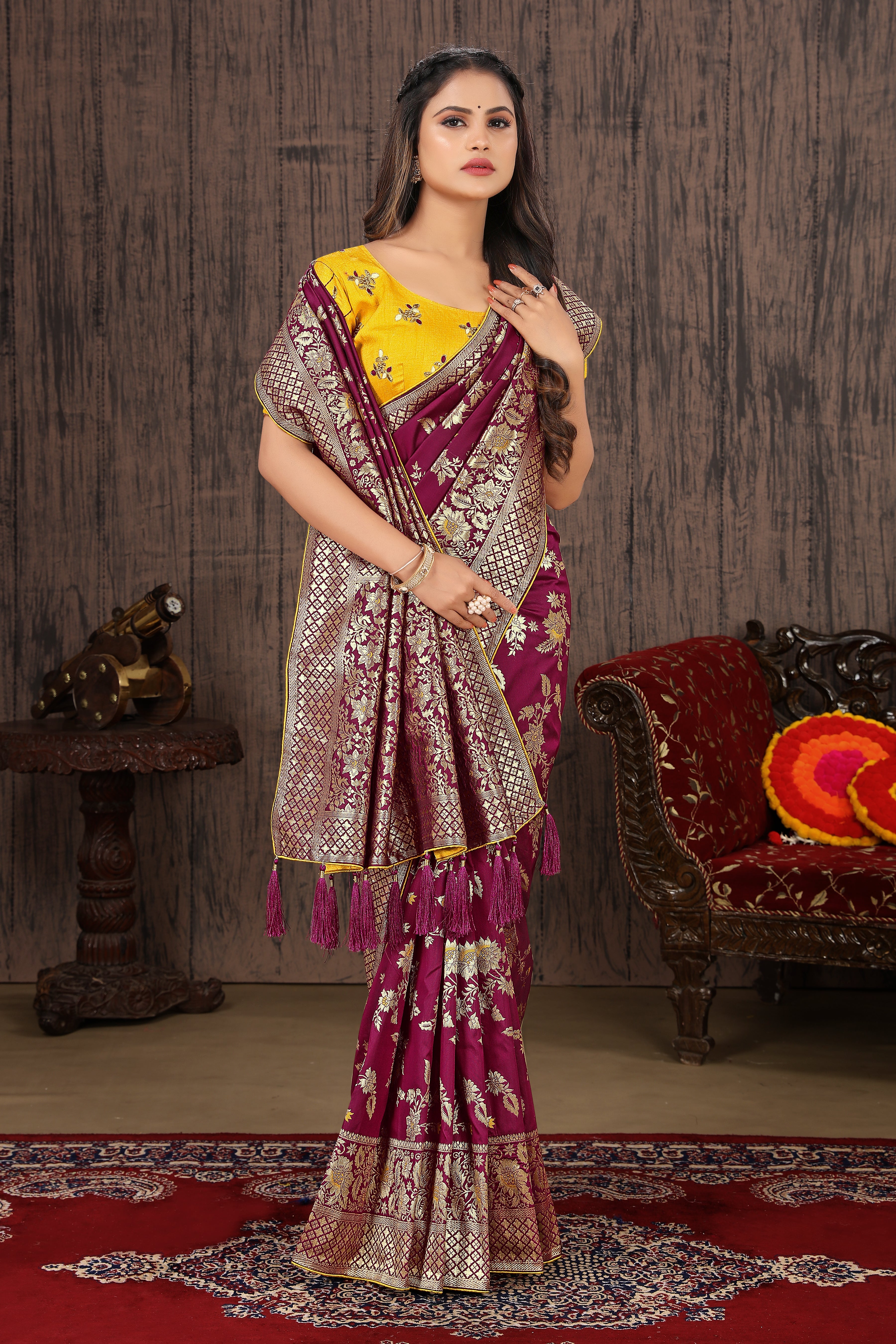 Dark Magenta Banarasi Silk Blend Woven Charming Saree