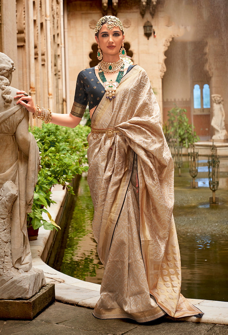 Cream Banarasi Silk Rich Look Exquisite Saree