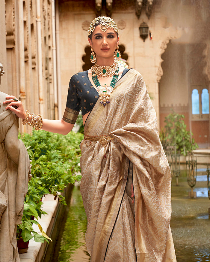 Cream Banarasi Silk Rich Look Exquisite Saree