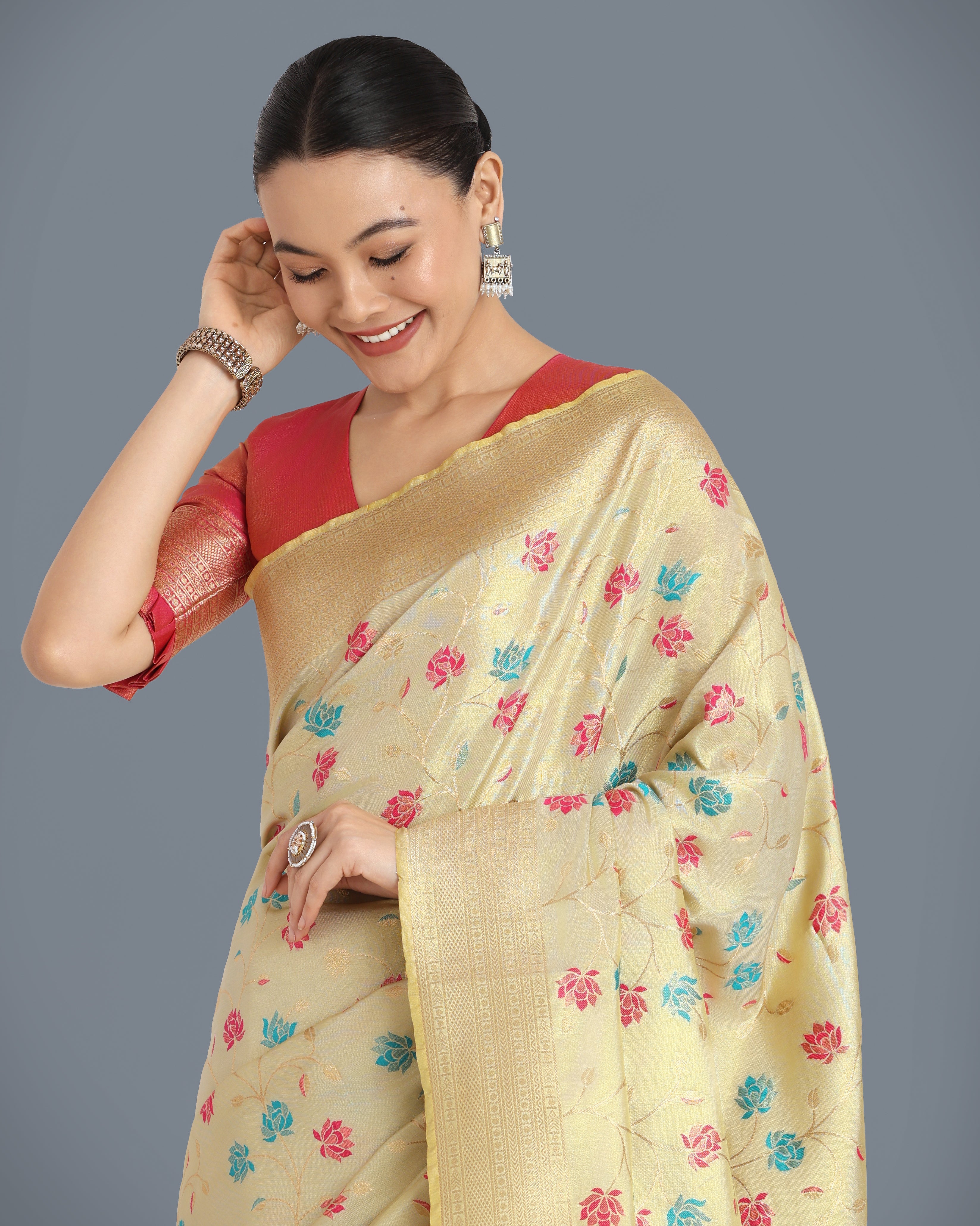 Cream Banarasi Tissue silk Designs With Regal Rich Look Saree