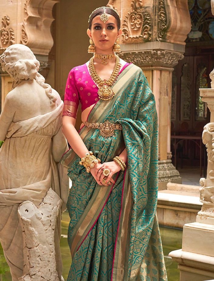 Turquoise Banarasi Silk Woven Rich Look saree