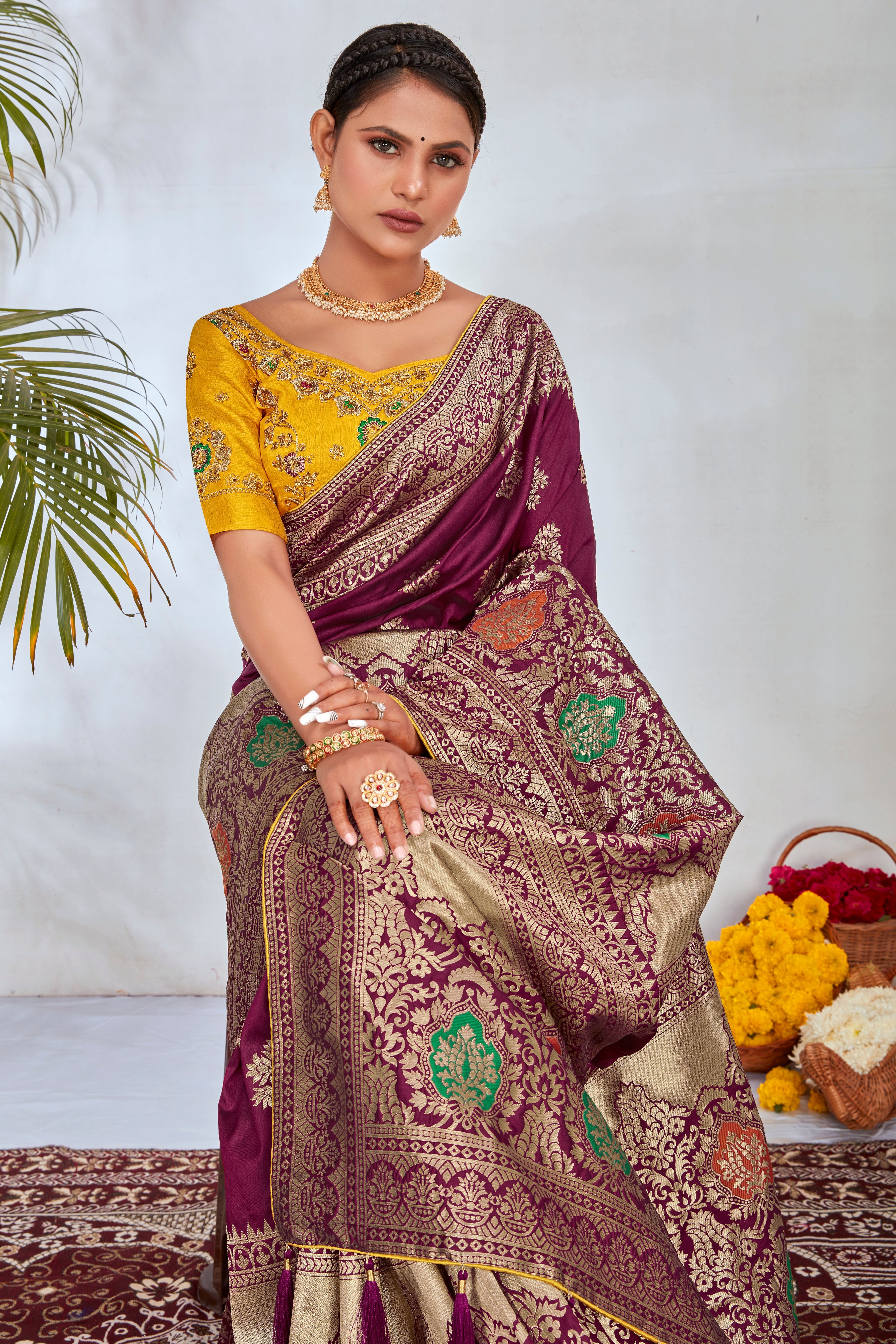 Magenta Banarasi Silk Blend Woven Designer Saree