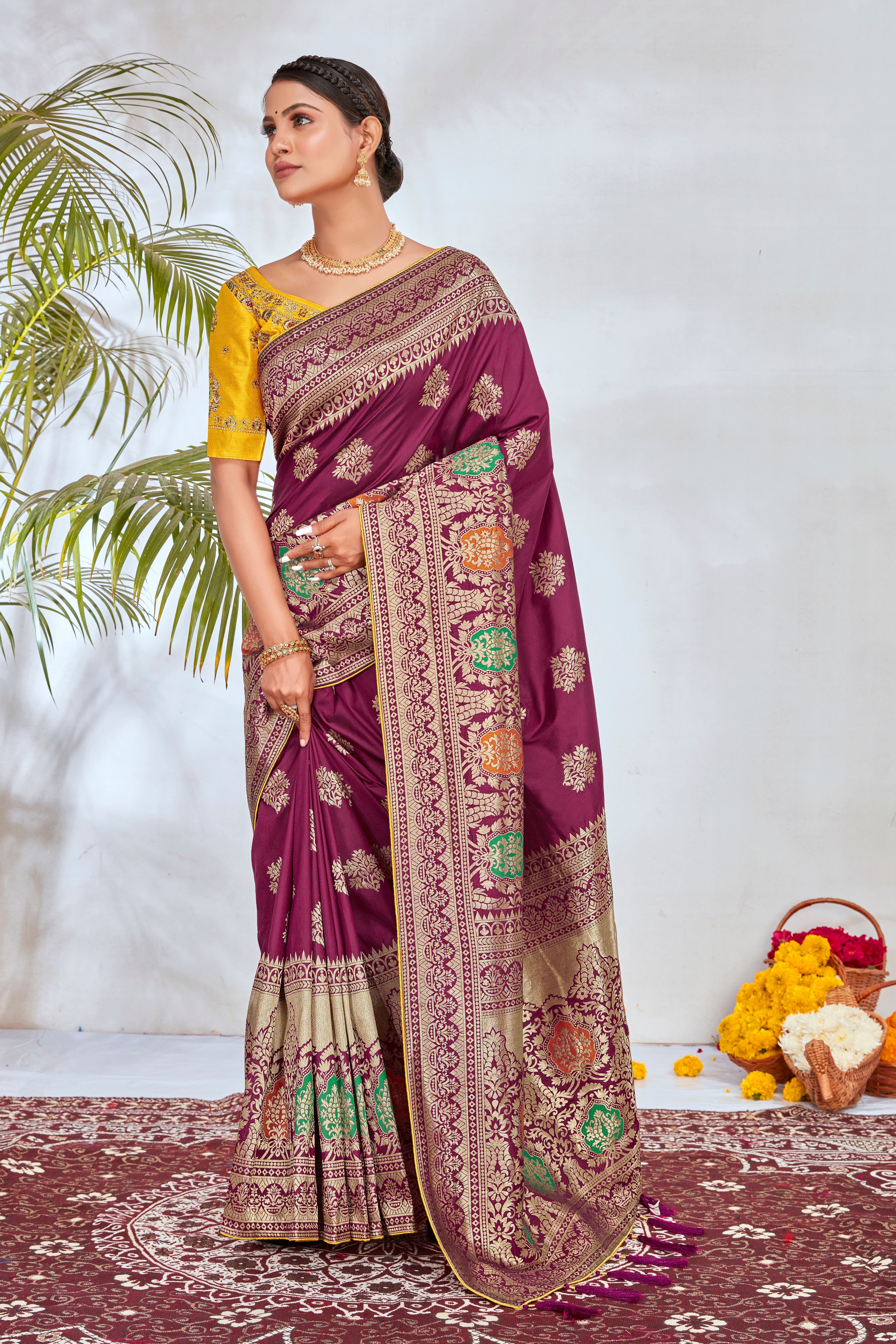 Magenta Banarasi Silk Blend Woven Designer Saree