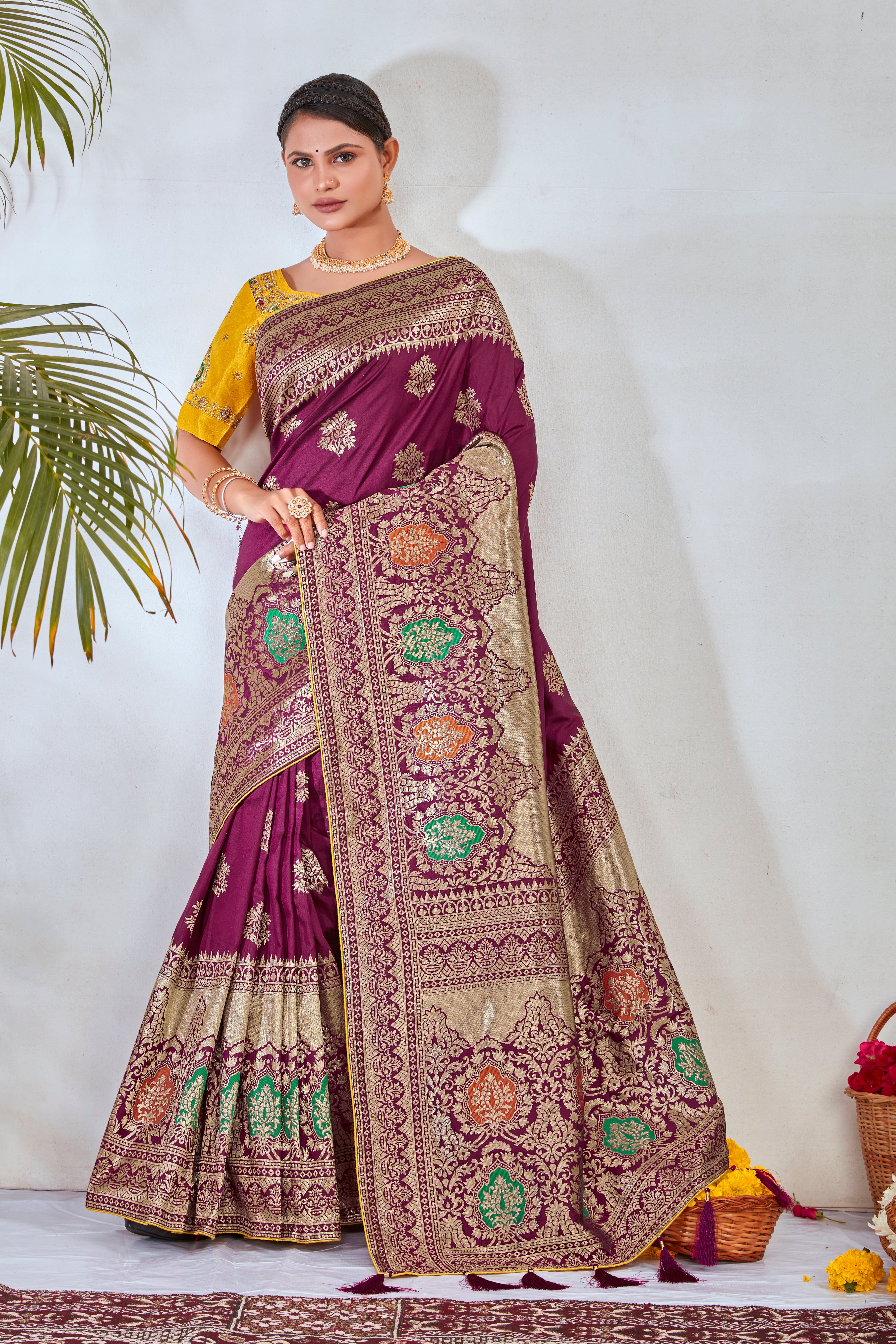 Magenta Banarasi Silk Blend Woven Designer Saree