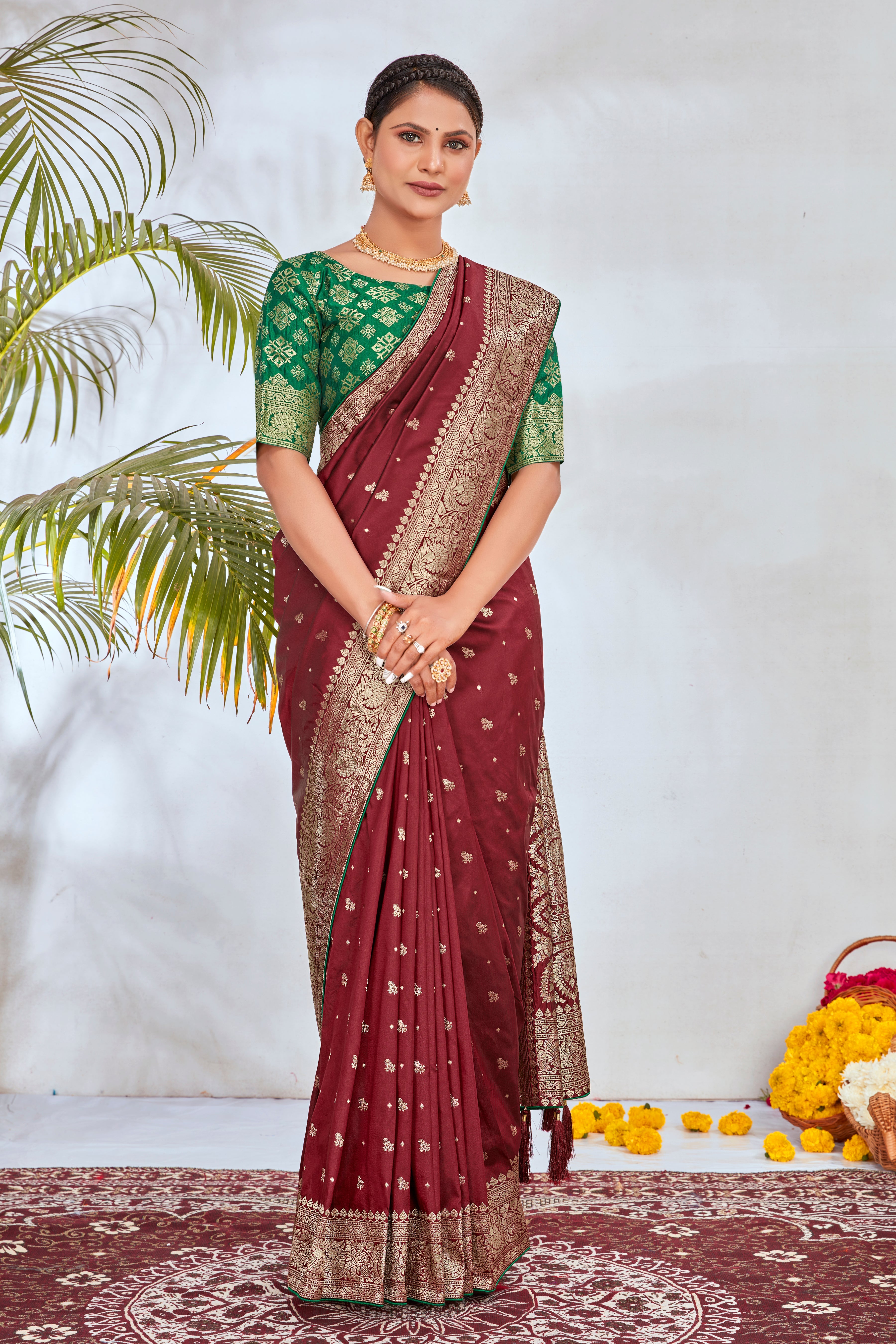 Maroon Banarasi Silk Woven Traditional Saree With Blouse Piece