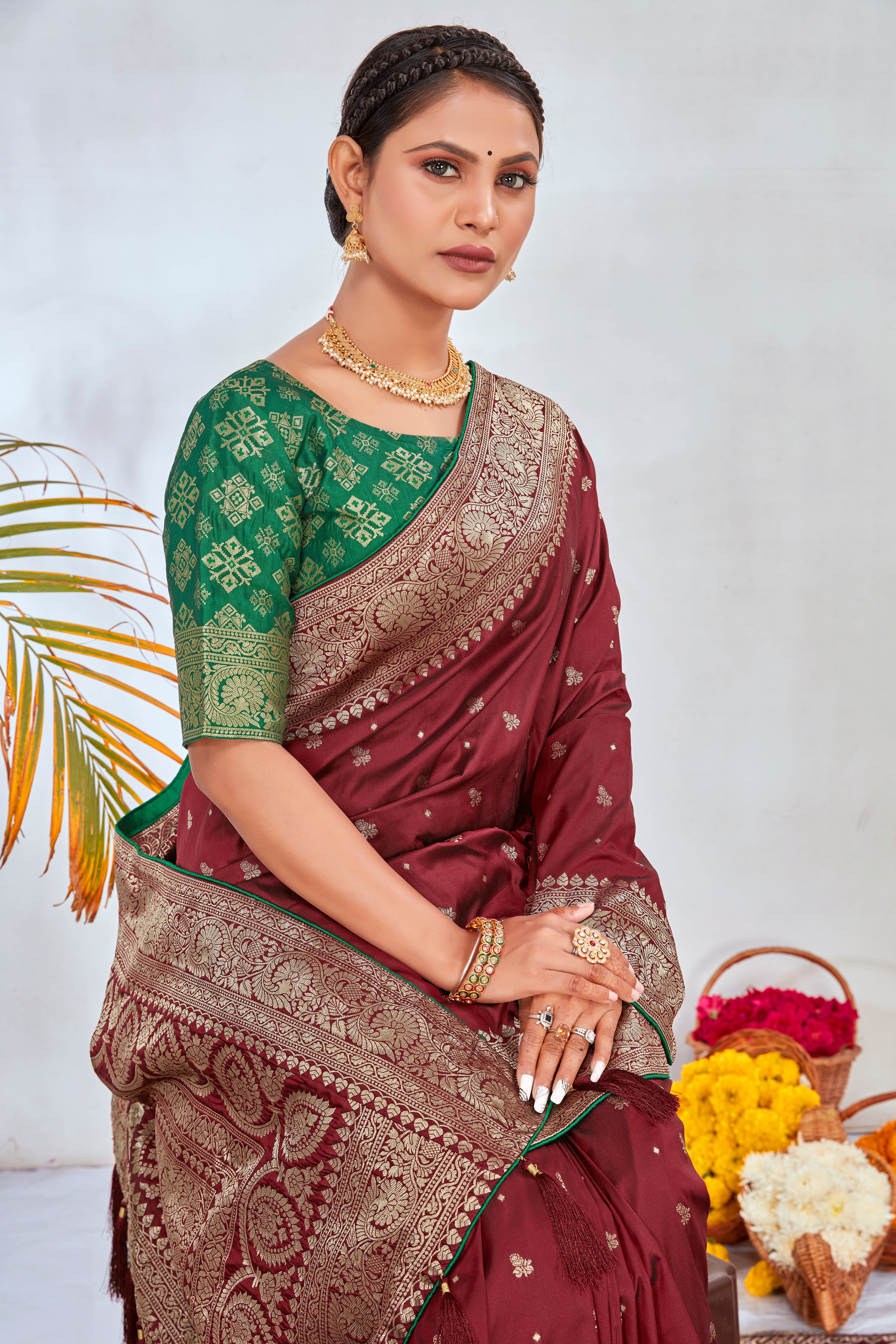 Maroon Banarasi Silk Woven Traditional Saree With Blouse Piece