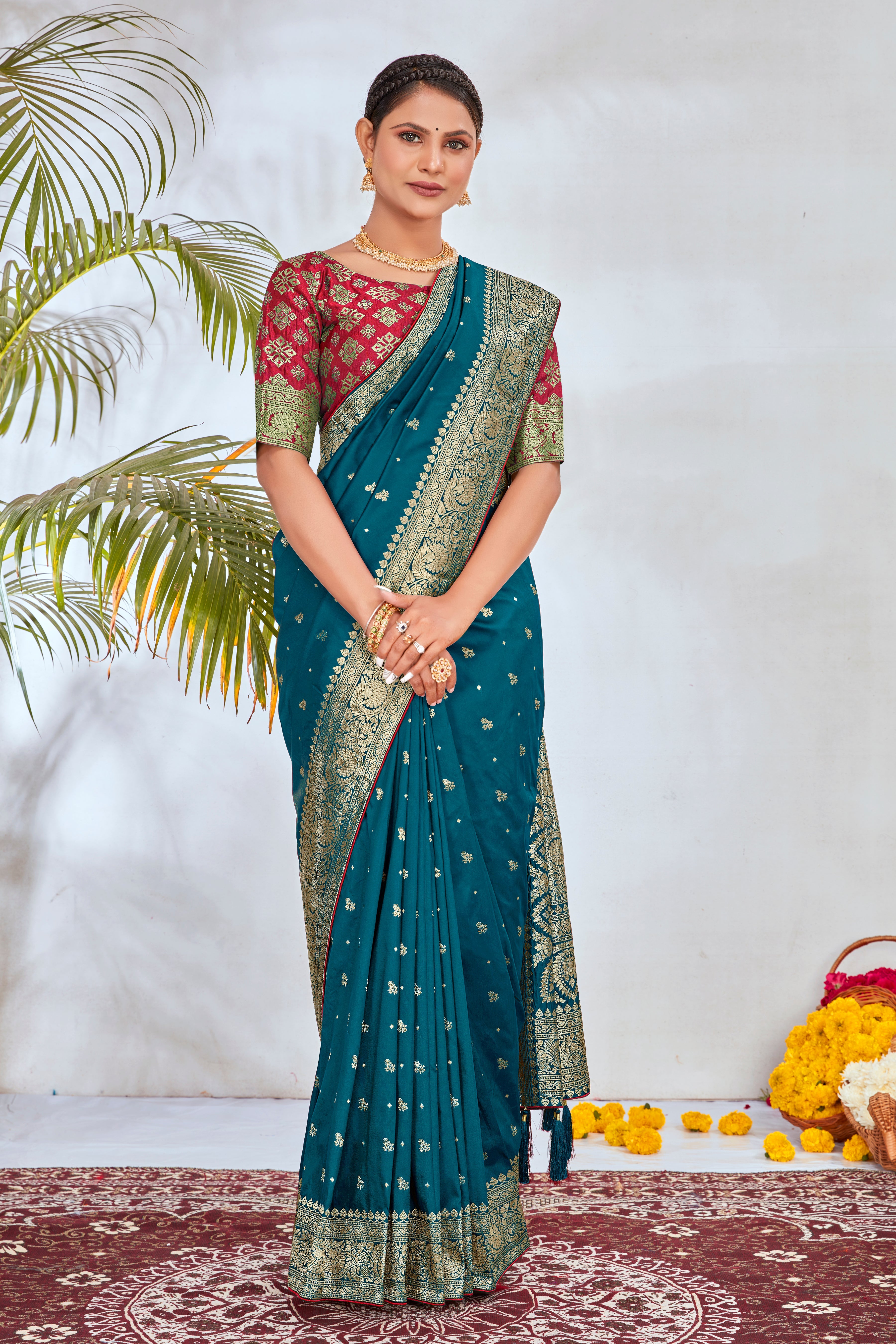 Teal Banarasi Silk Woven Designer Saree