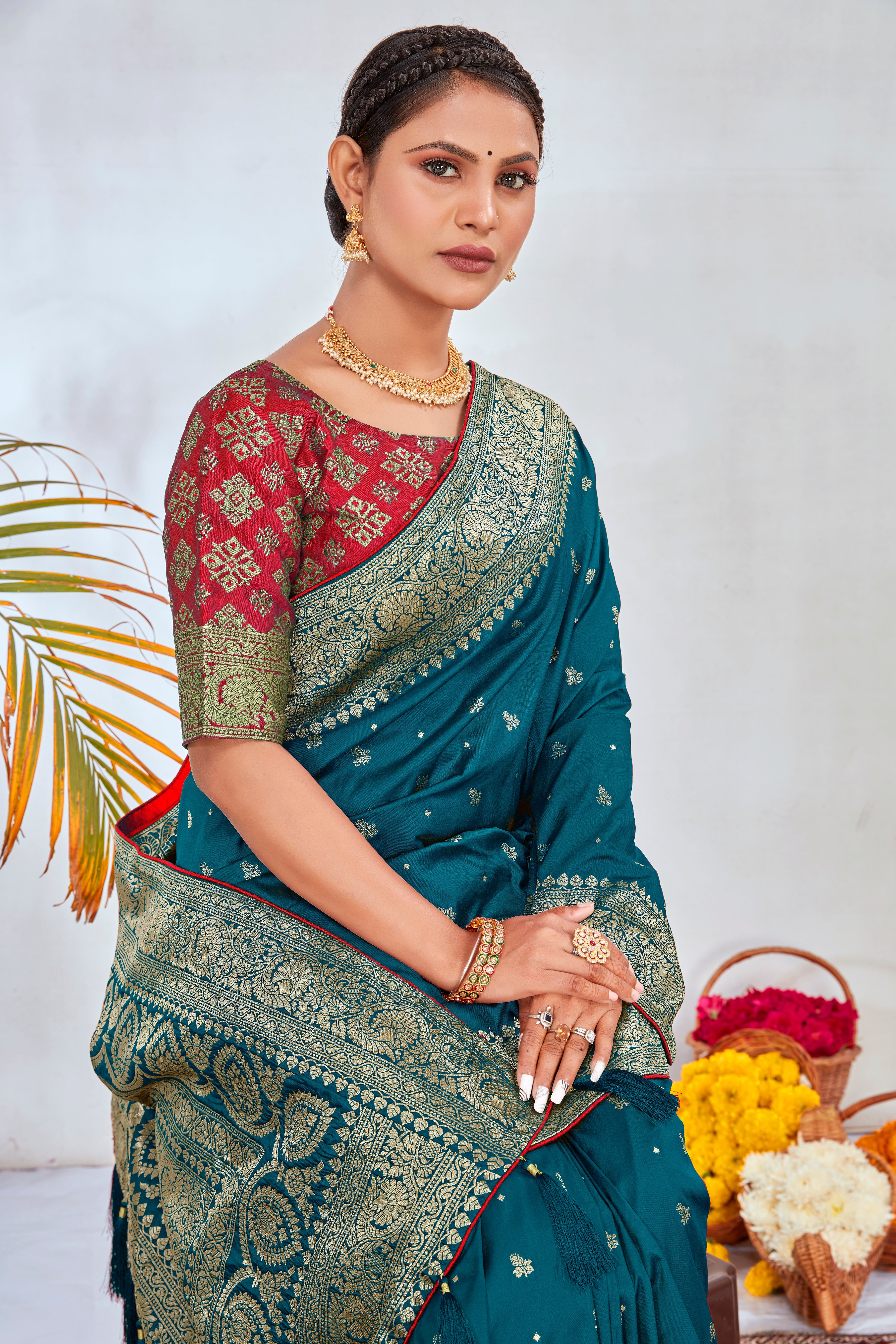 Teal Banarasi Silk Woven Designer Saree