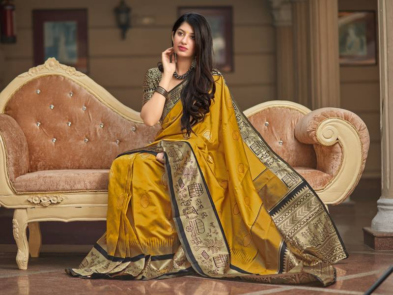 Mustard Banarasi Silk Embellished Traditional Saree