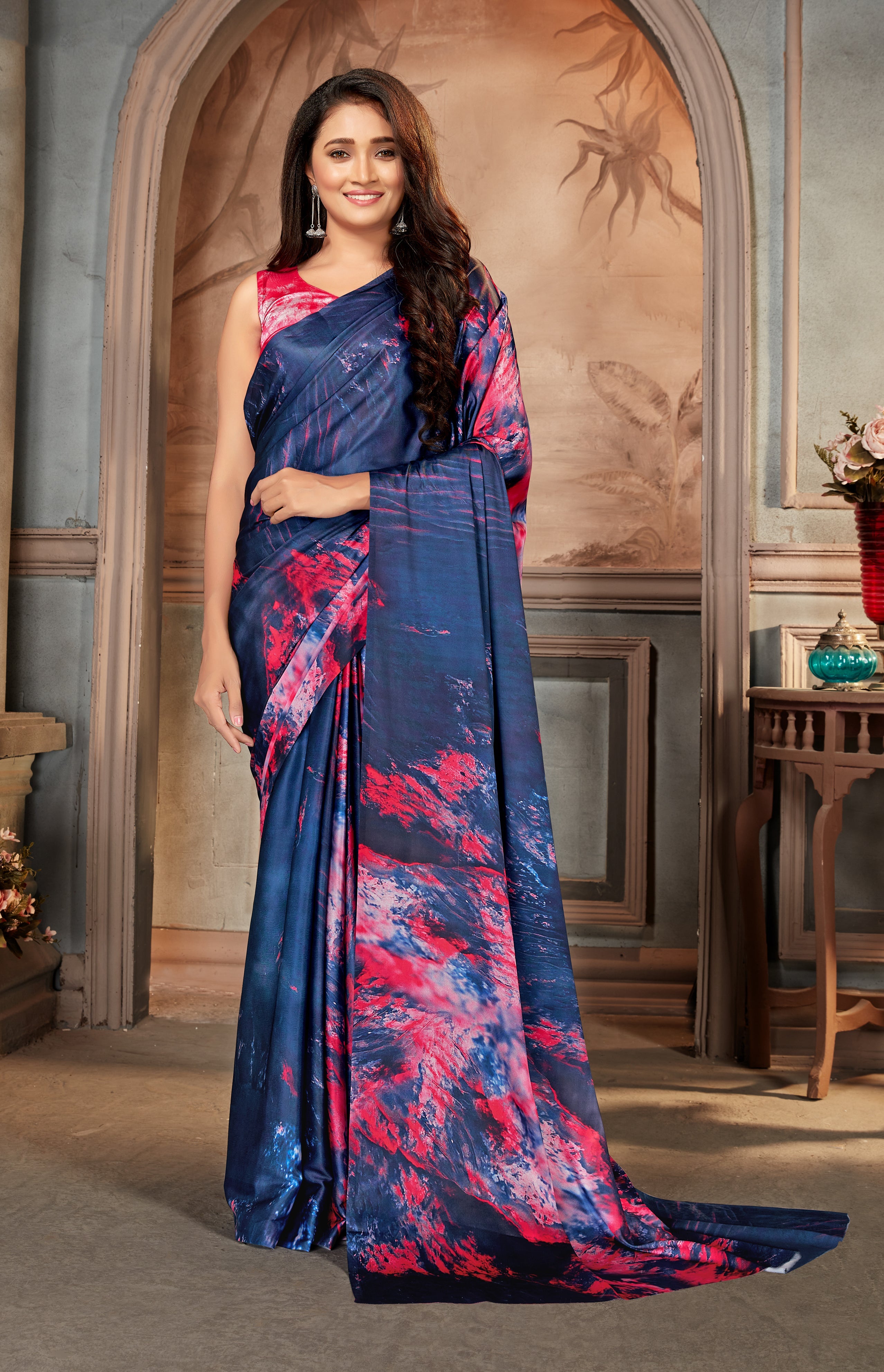 Navy Blue Satin Crepe Printed Graceful Saree