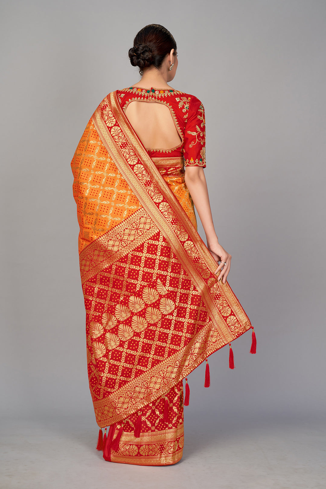 Orange and Red Silk Blend Woven Zari Saree