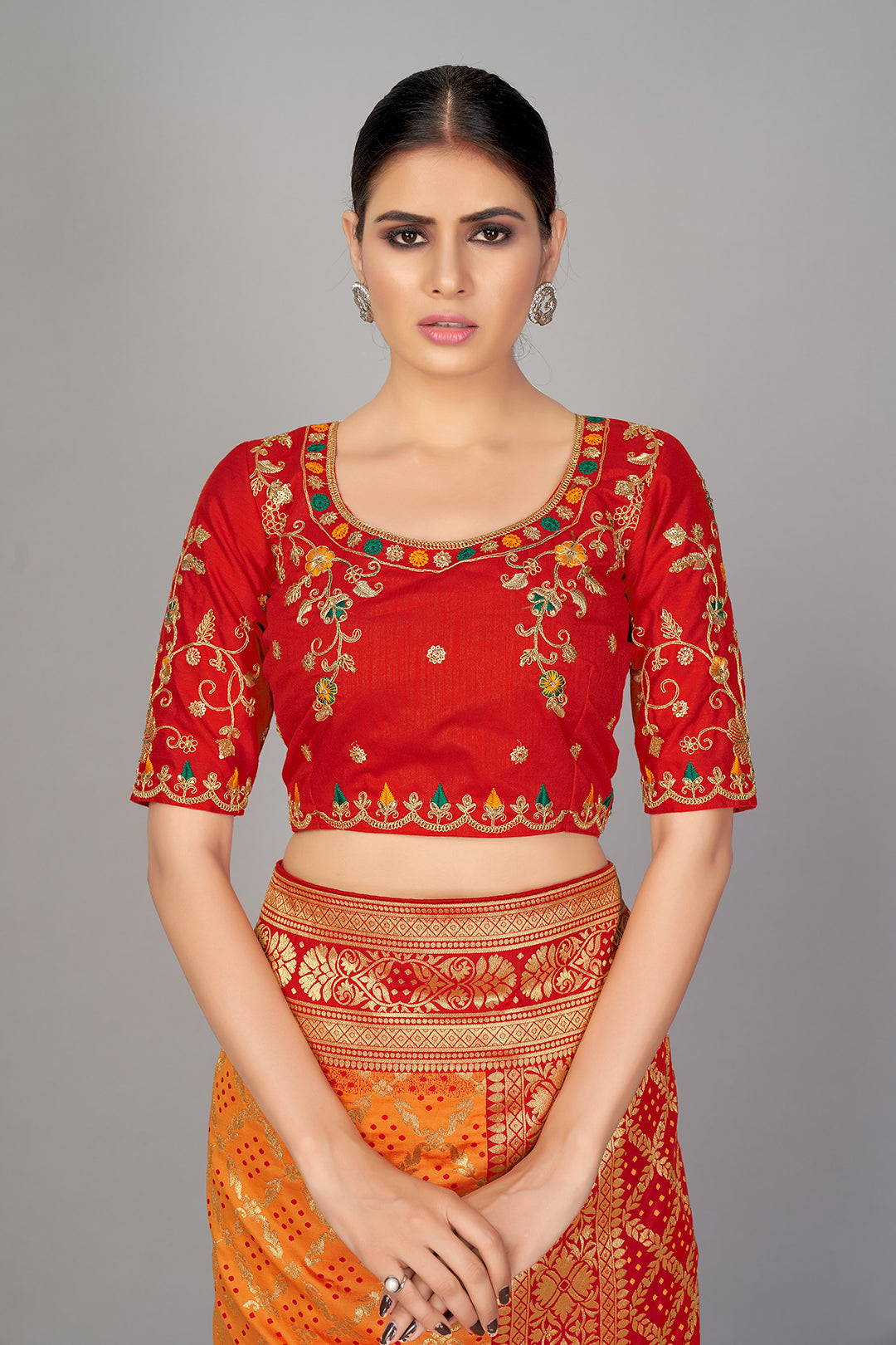 Orange and Red Silk Blend Woven Zari Saree