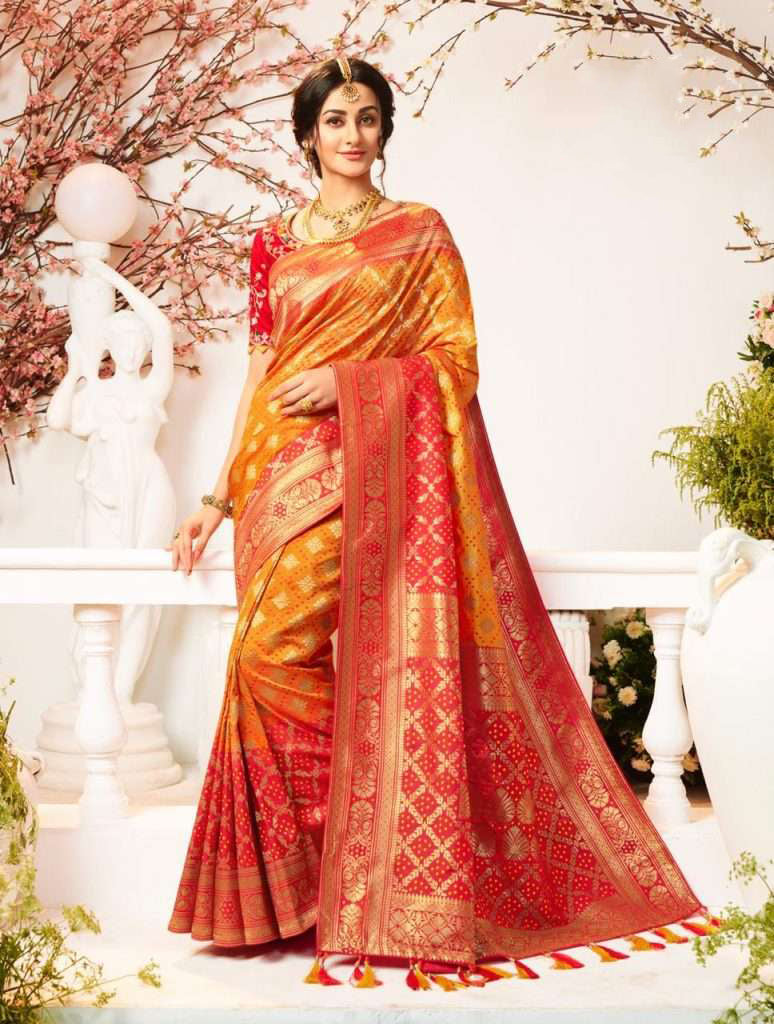 Orange and Red Silk Blend Woven Zari Saree