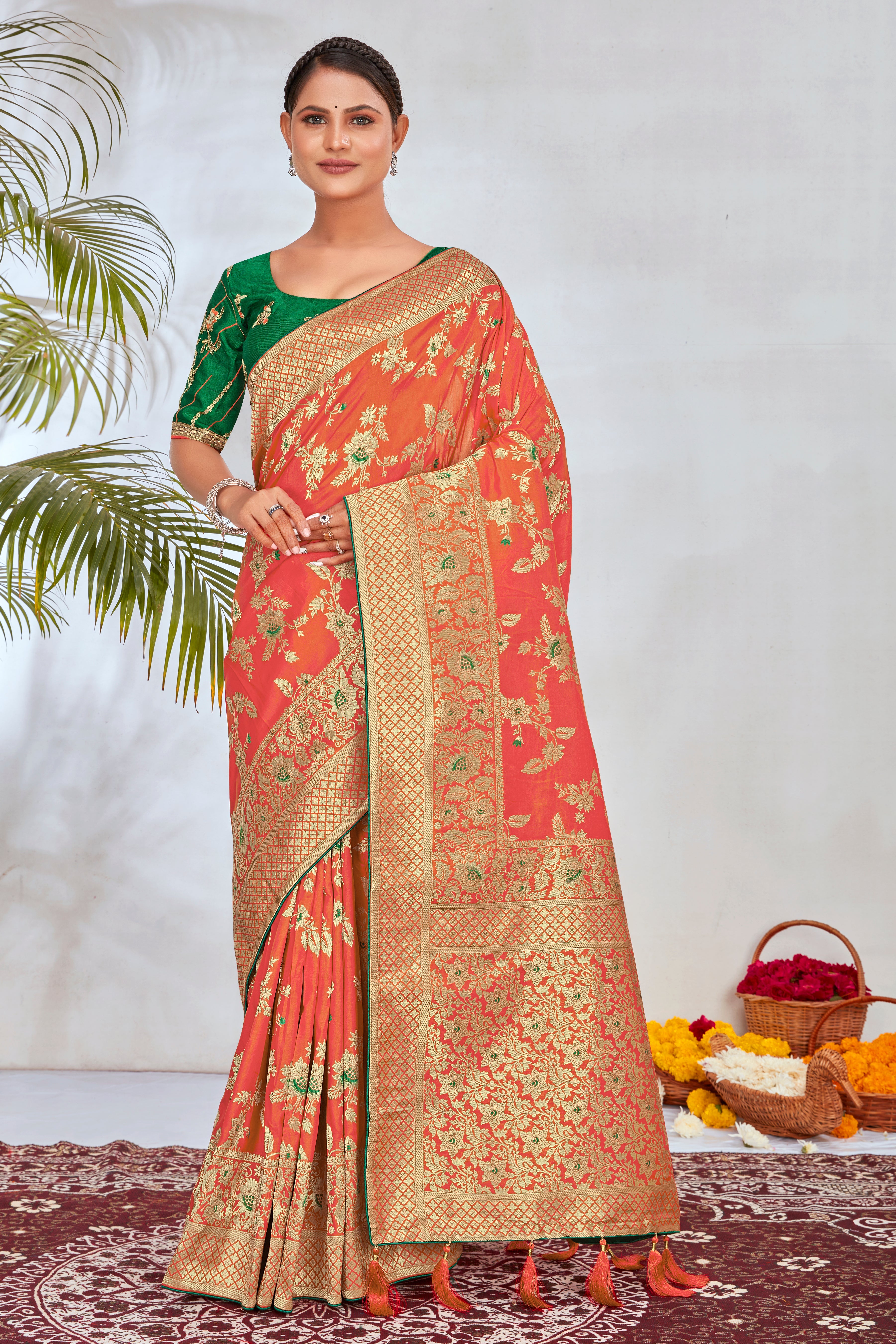 Peach Banarasi Silk Blend Woven Zari With Tussles Saree