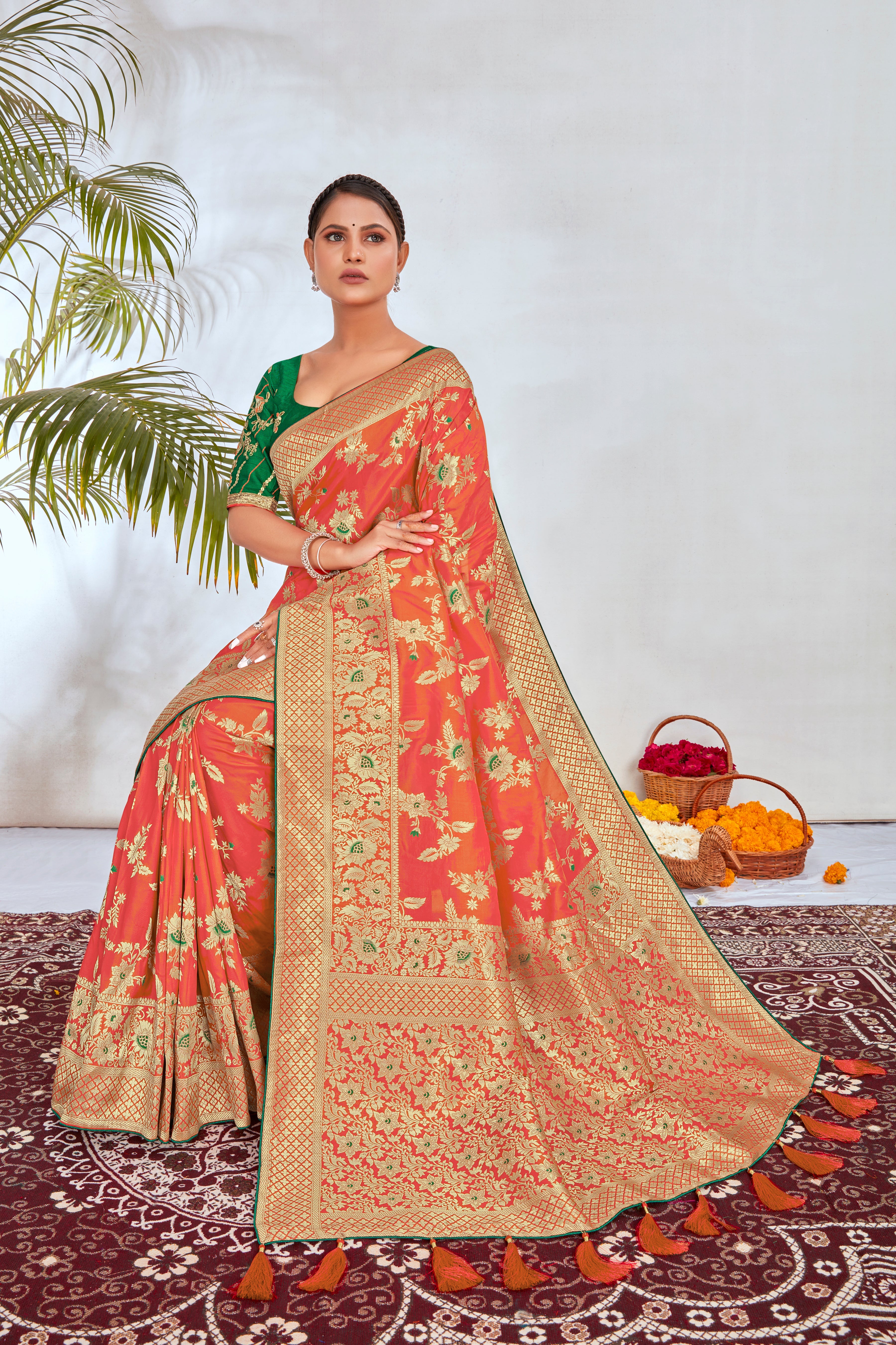 Peach Banarasi Silk Blend Woven Zari With Tussles Saree