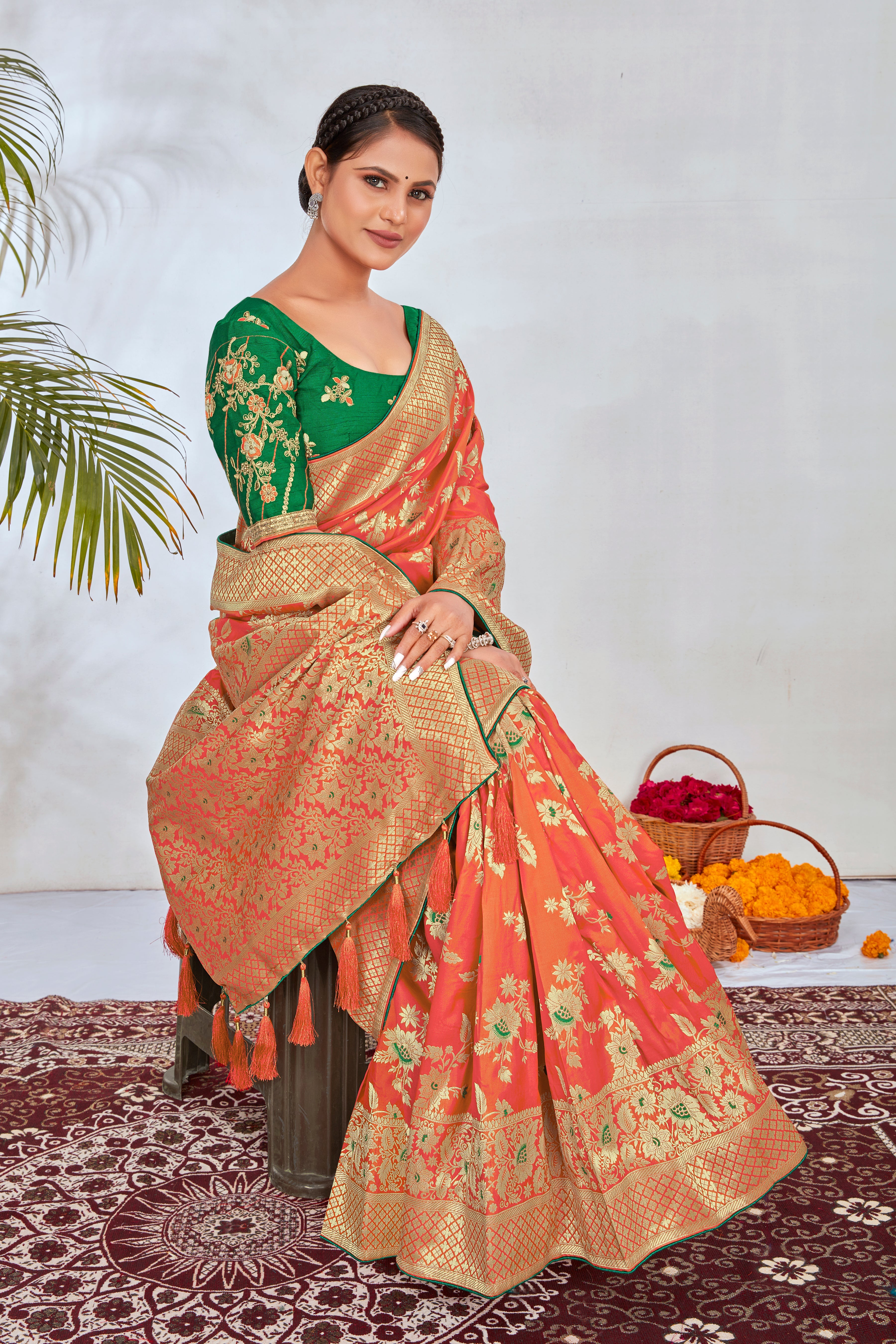 Peach Banarasi Silk Blend Woven Zari With Tussles Saree