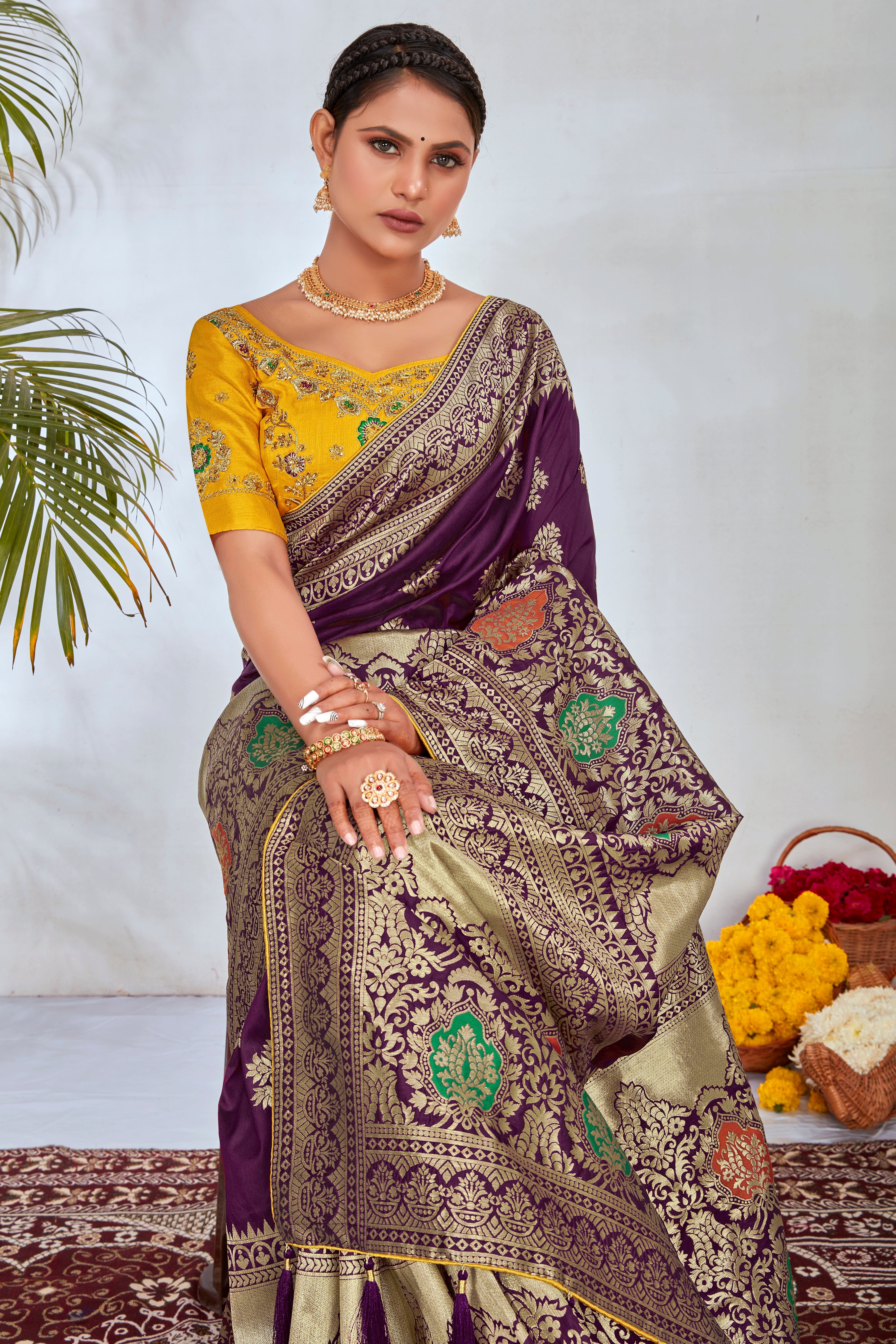 Purple Banarasi Silk Blend Woven Classy Saree