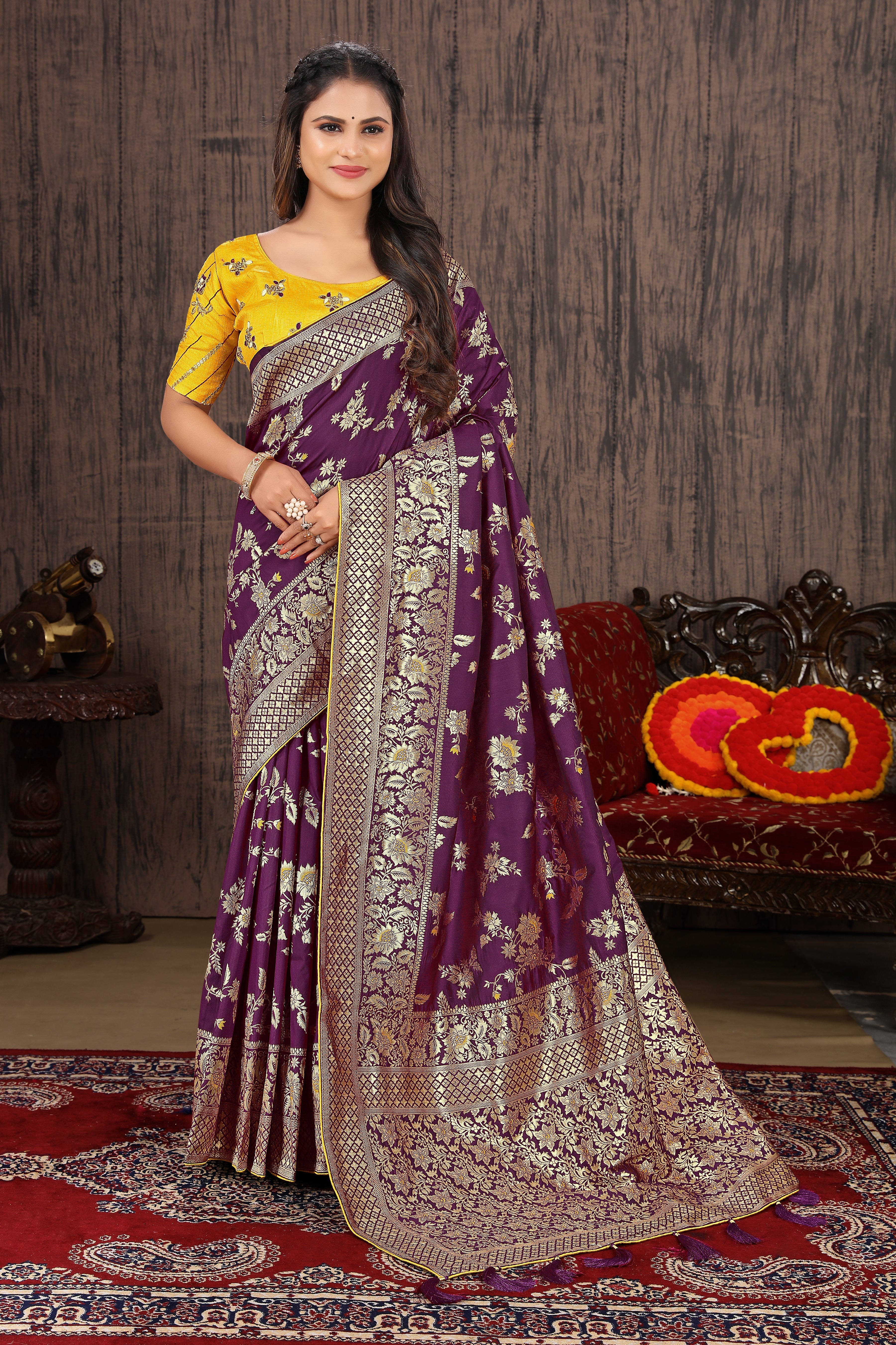 Purple Silk Blend Woven Functional Saree