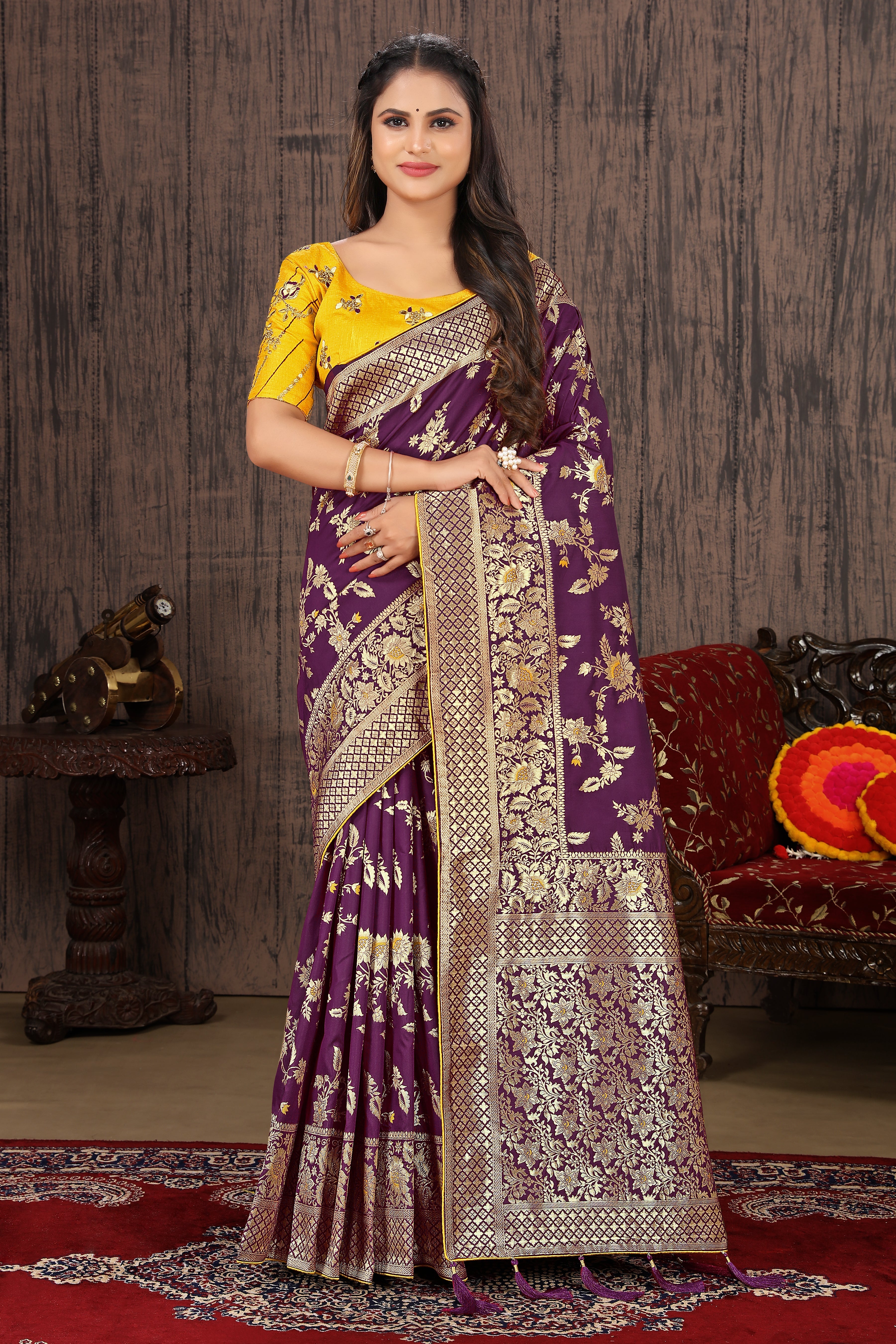 Purple Silk Blend Woven Functional Saree