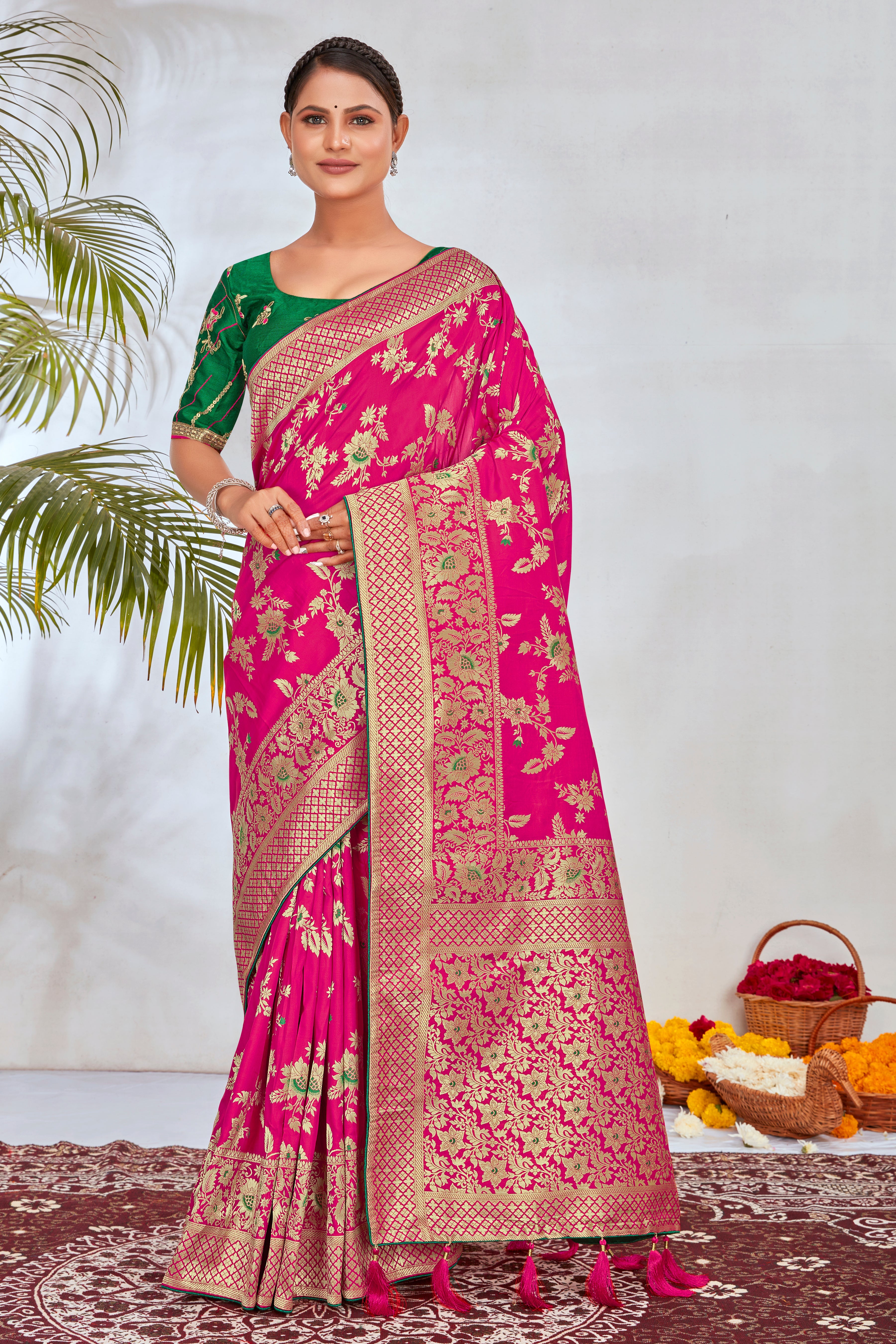 Rani Pink Banarasi Silk Blend Zari Woven Traditionally Saree