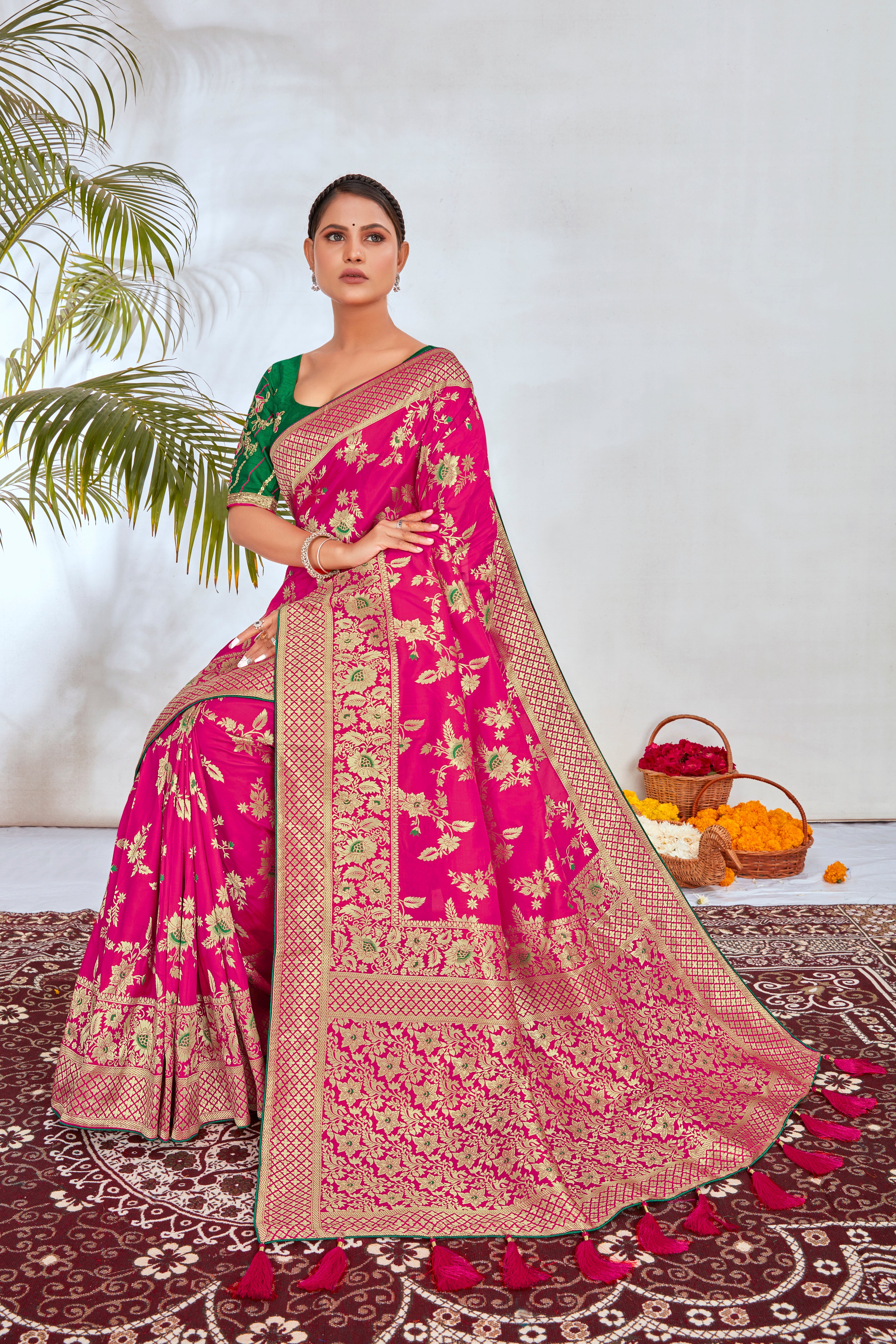 Rani Pink Banarasi Silk Blend Zari Woven Traditionally Saree