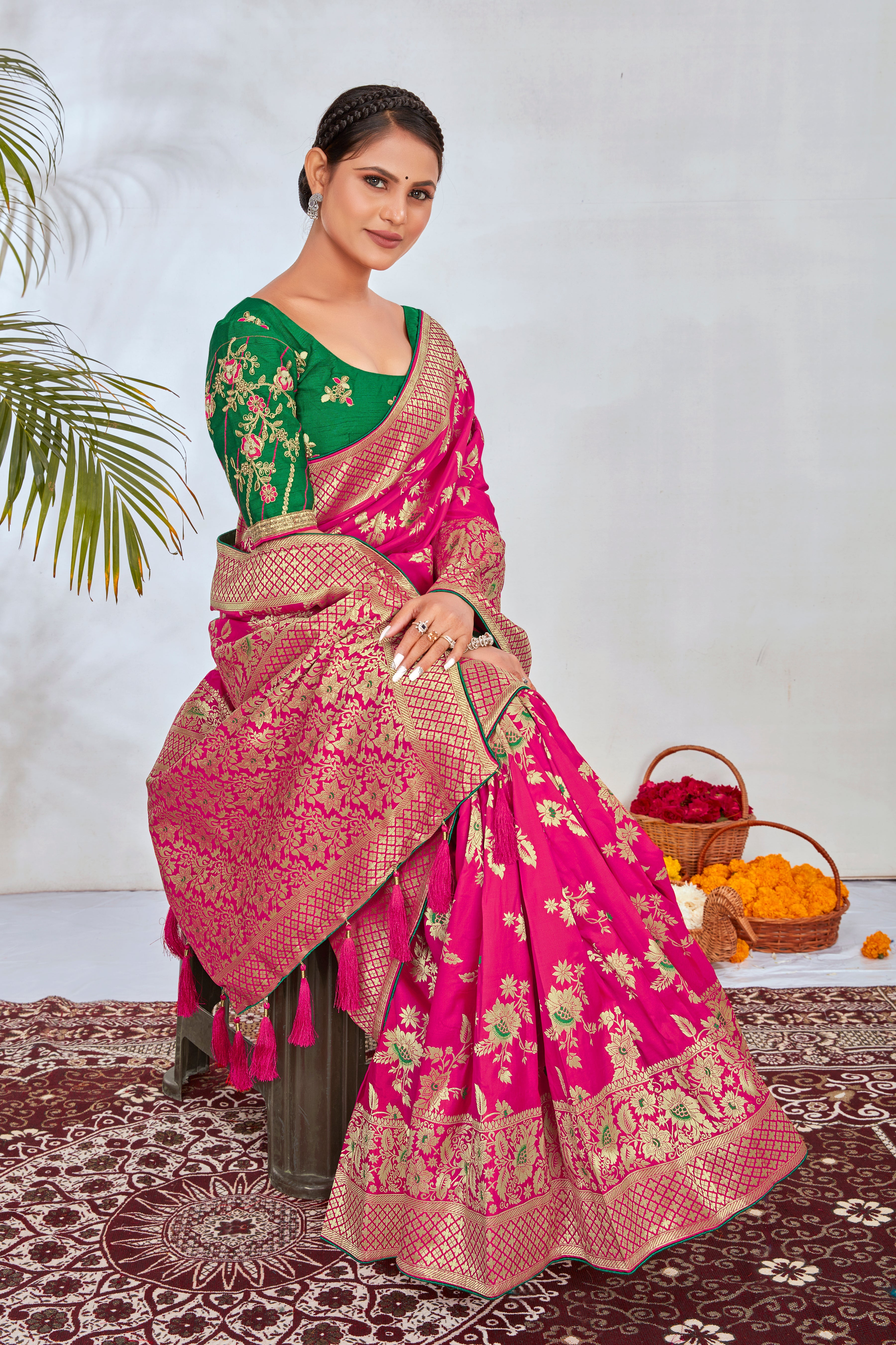Rani Pink Banarasi Silk Blend Zari Woven Traditionally Saree
