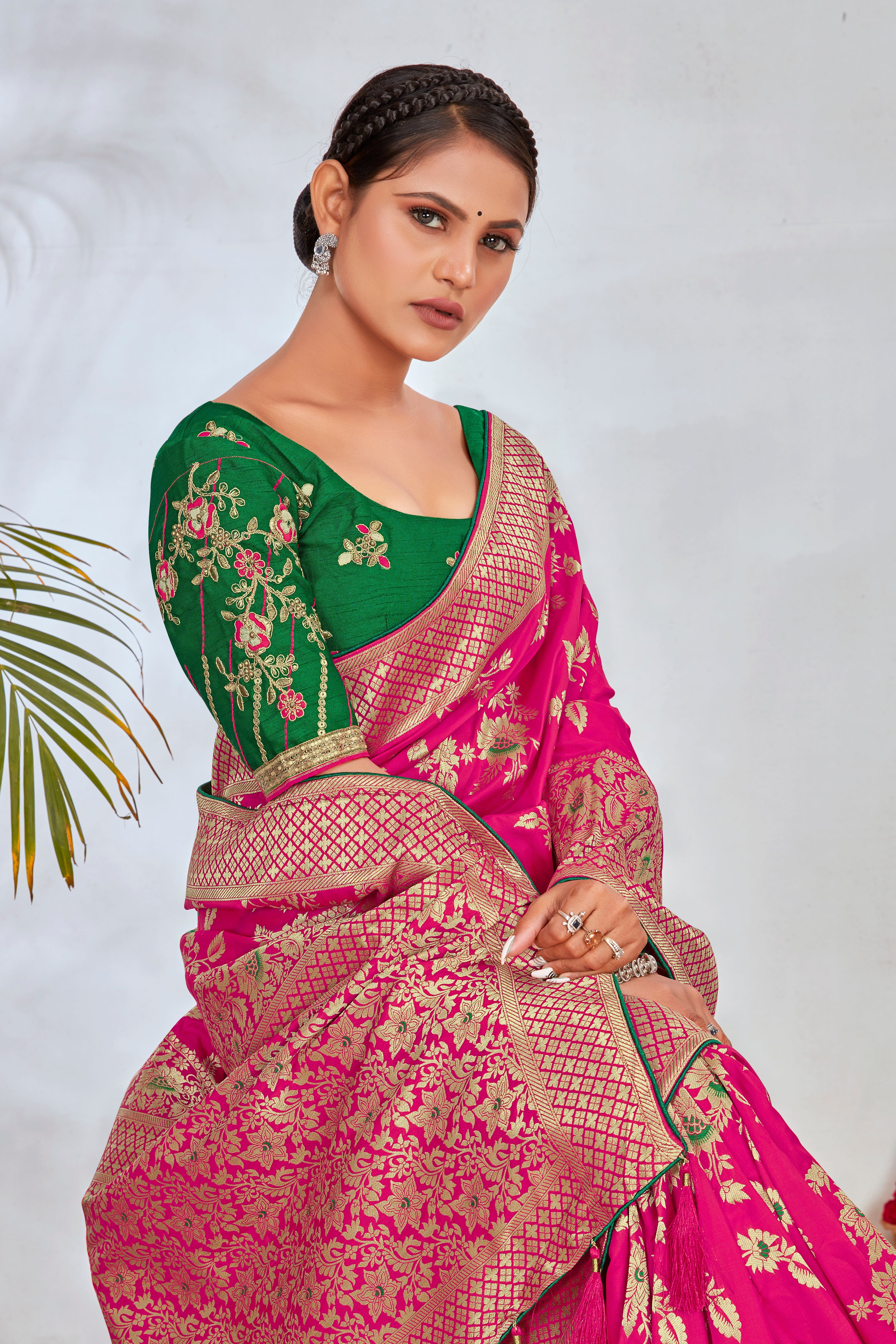 Rani Pink Banarasi Silk Blend Zari Woven Traditionally Saree