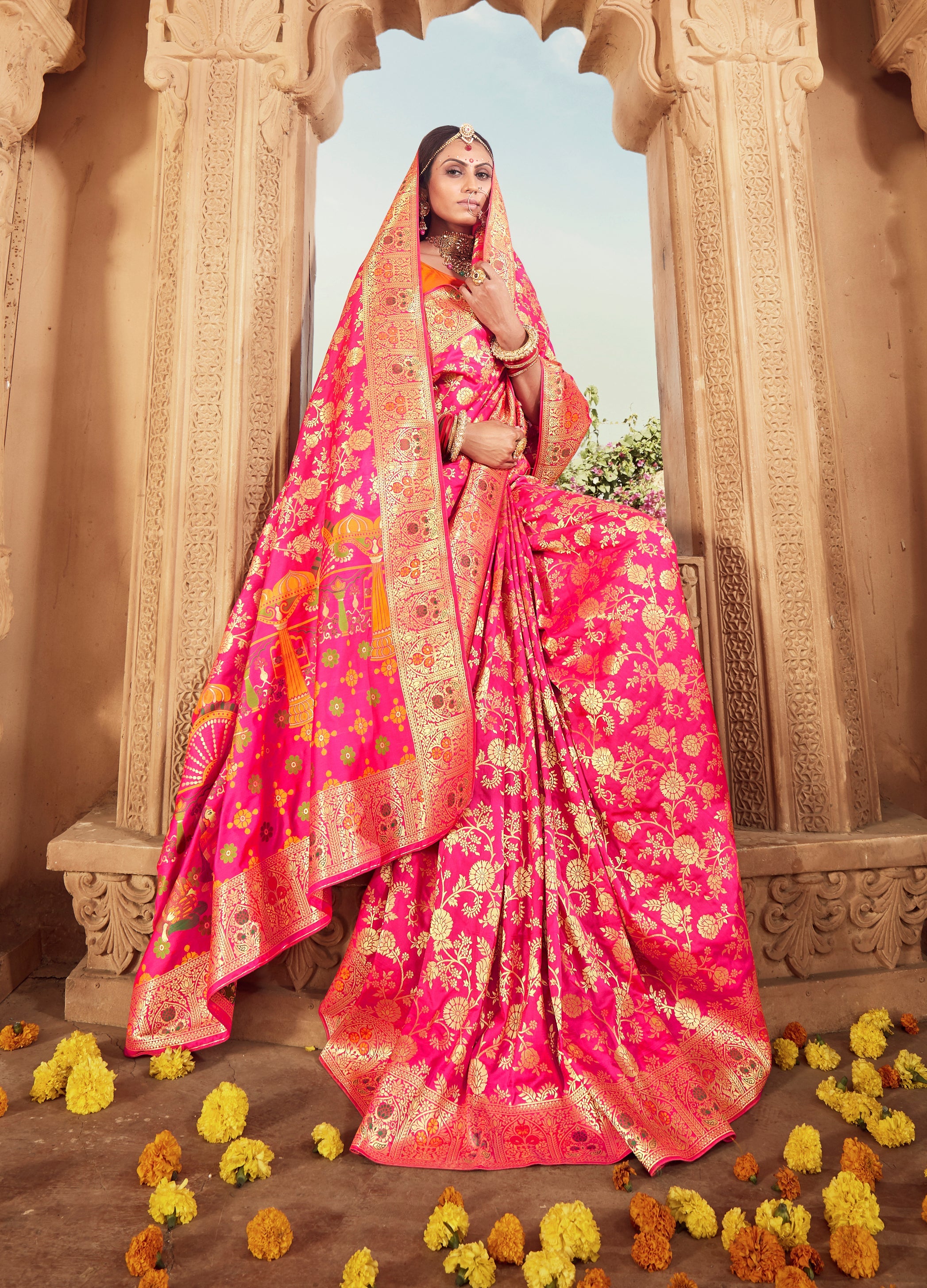 Rani Pink Banarasi Silk Woven Designer Saree