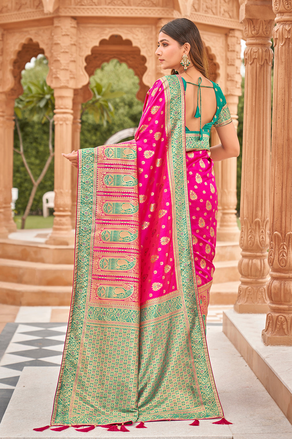 Rani Pink Banarasi Silk blend Zari Weaving Work Saree