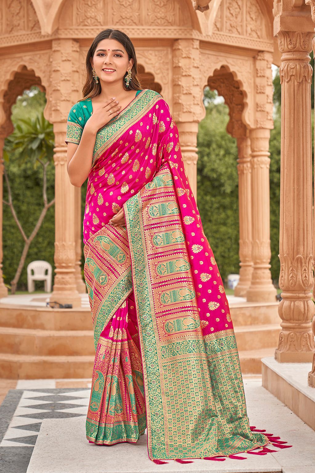 Rani Pink Banarasi Silk blend Zari Weaving Work Saree